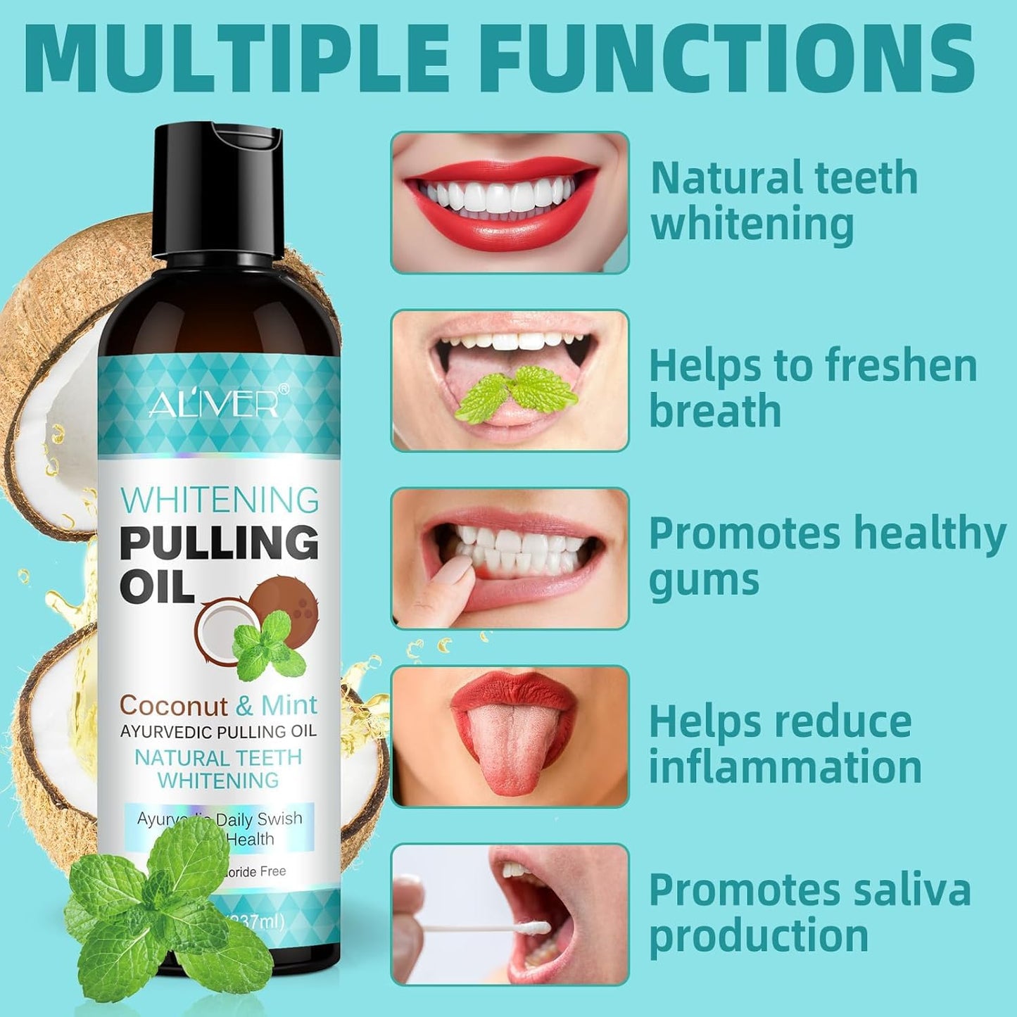 Coconut Oil Pulling for Fresh Breath and Oral Hygiene - Ayurvedic Expert Formulated | Supports Healthy Gums | Natural - Includes Tongue Scraper and Measuring Cup - 16 oz