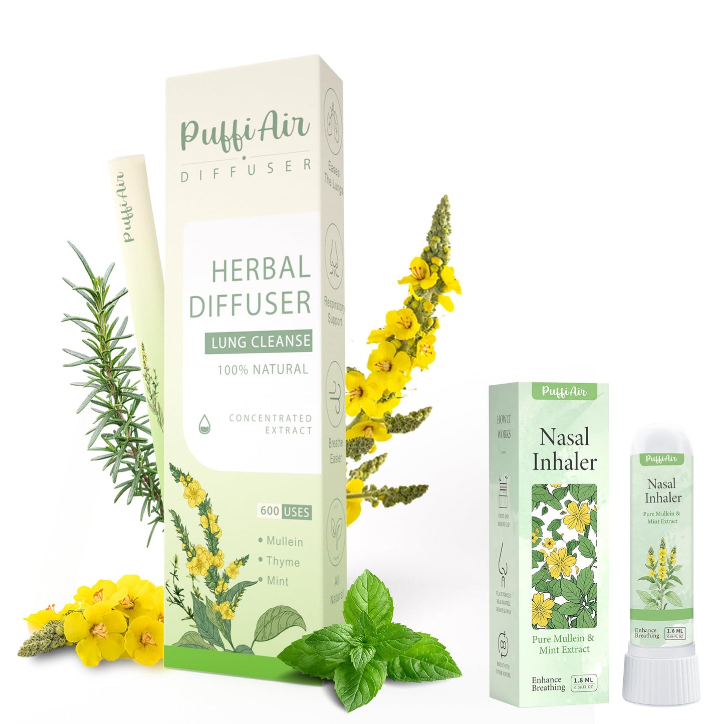 Herbal Diffuser Pen with Extracts of Mullein/Thyme/Mint 600 Uses and Nasal Stick Pure Mullein & Mint Extract丨 Boost Focus, Reduce Fatigue & Stuffy Noses Instant Refreshment