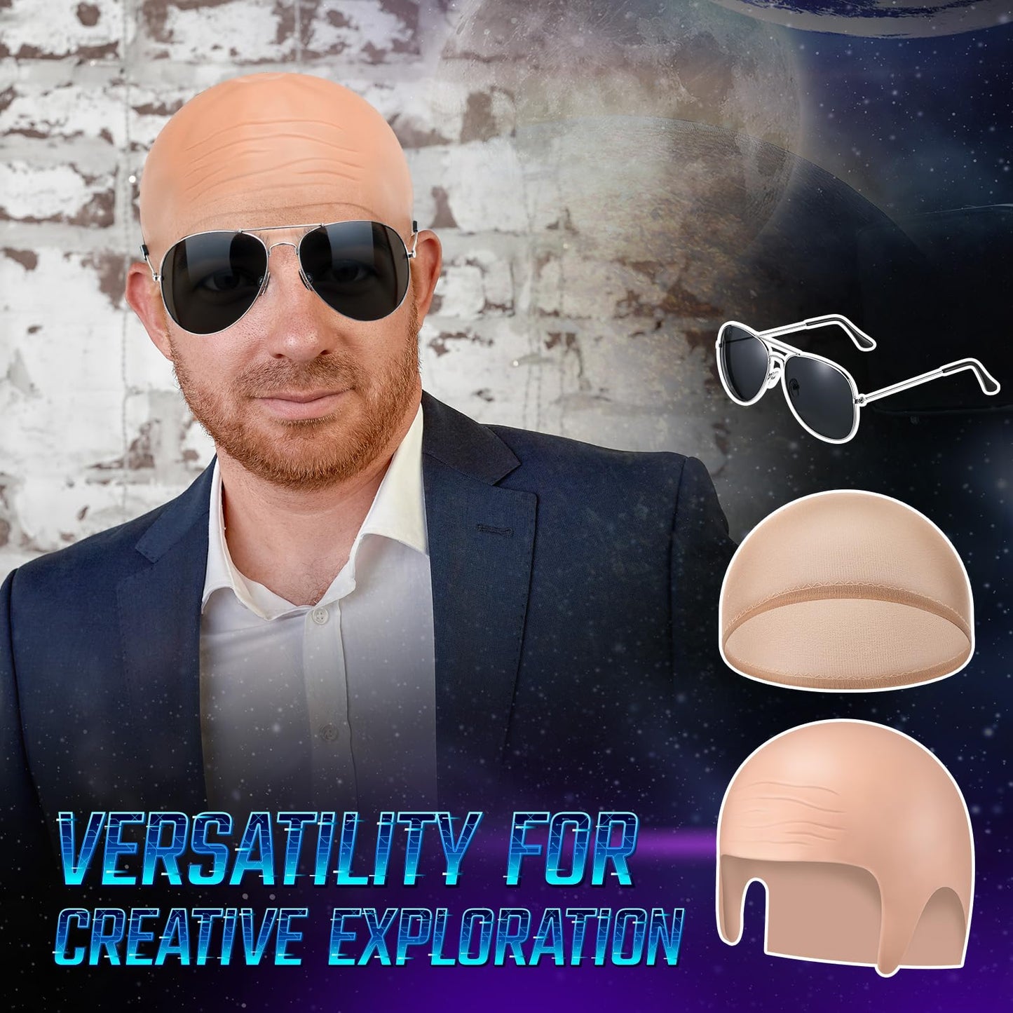 Mepase 1 Set Bald Caps with 1 Pair Glasses for Adults Men Nylon Bald Head Wig Cap Can Be Cut for Halloween Music Festivals Concerts Rap Star Party Cosplay(12.2 x 8.6 Inch)