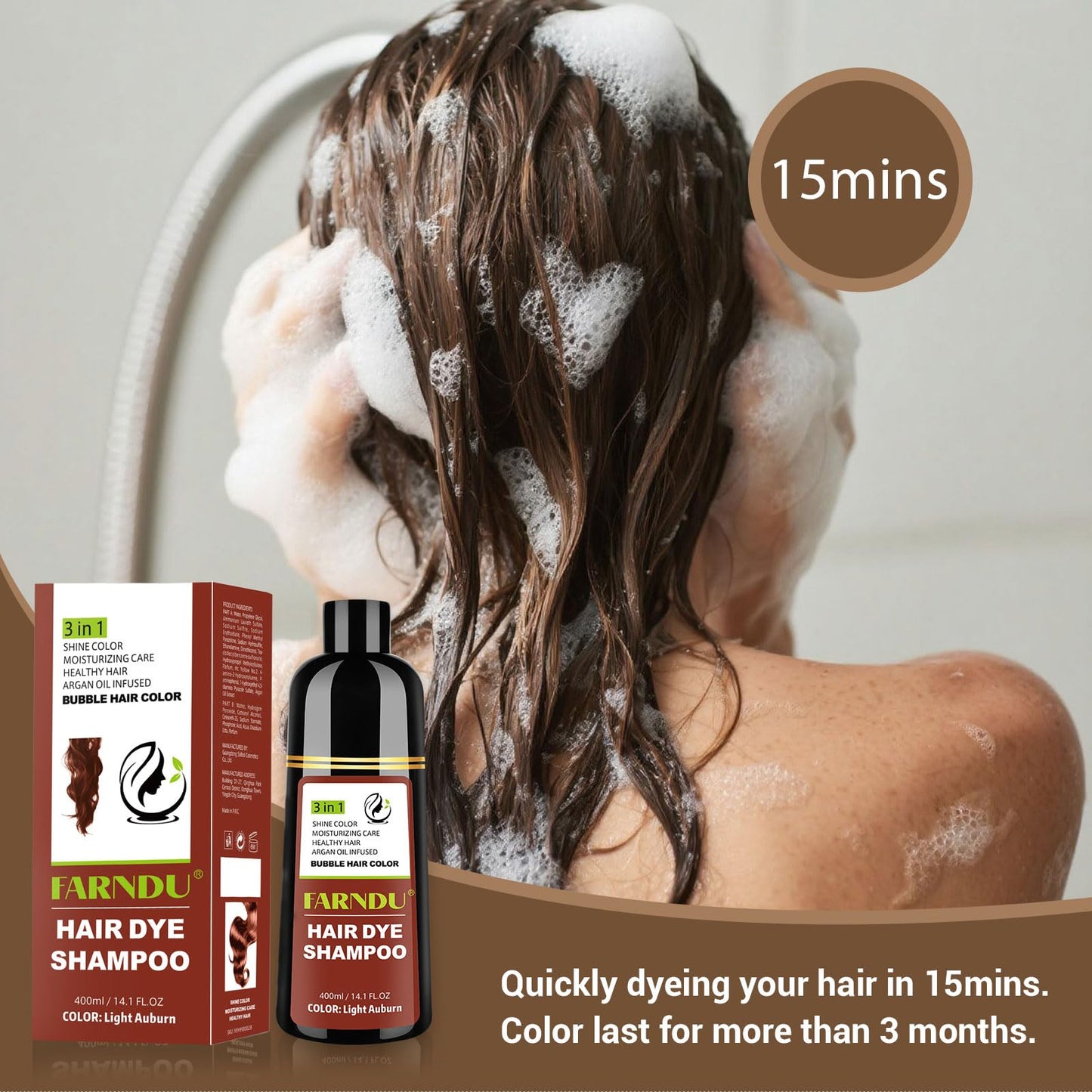 Farndu Light Auburn Hair Dye Shampoo for Women Men Gray Hair Coverage and Herbal Ingredients 3 In 1 Hair Color Shampoo