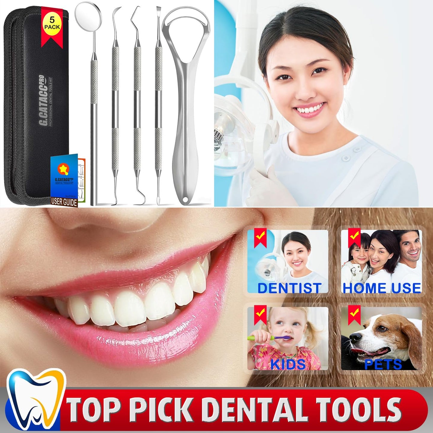 G.CATACC Dental Tools Teeth Cleaning Oral Care Hygiene Kit with Metal Dental Pick, Tongue Scraper Plaque Tartar Remover for Teeth - with Case