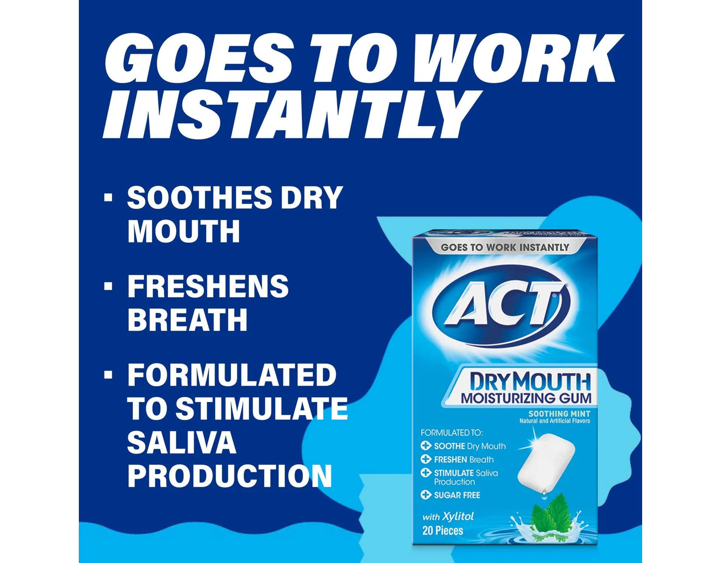 ACT Dry Mouth Moisturizing Gum, Soothing Mint, Sugar Free, 20 Count (Pack of 2)
