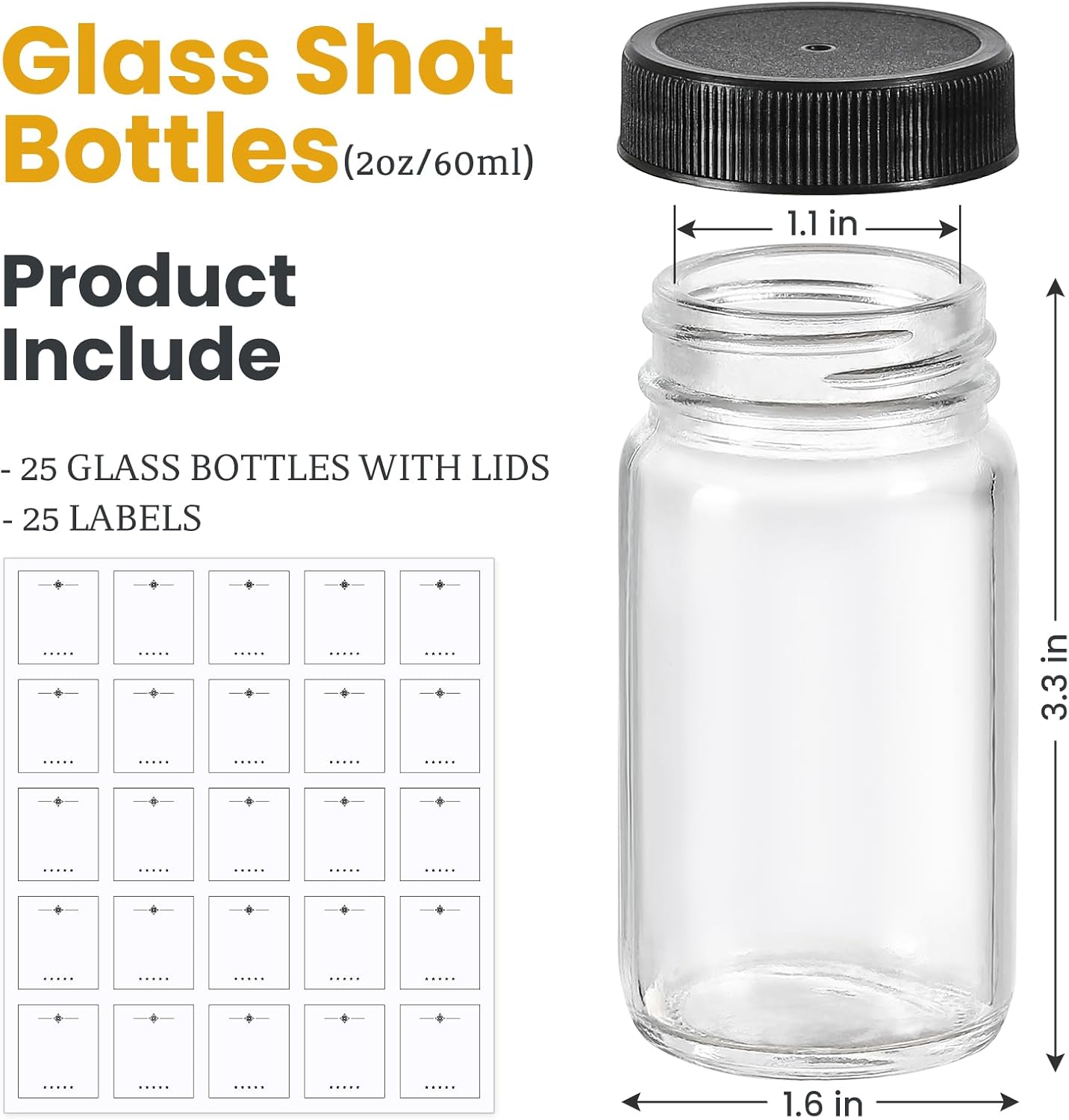 20 Pack Mini Glass Shot Bottles 2 oz with Lids & Labels - Leakproof Travel Jars for Juice, Whiskey, Wellness Shots
