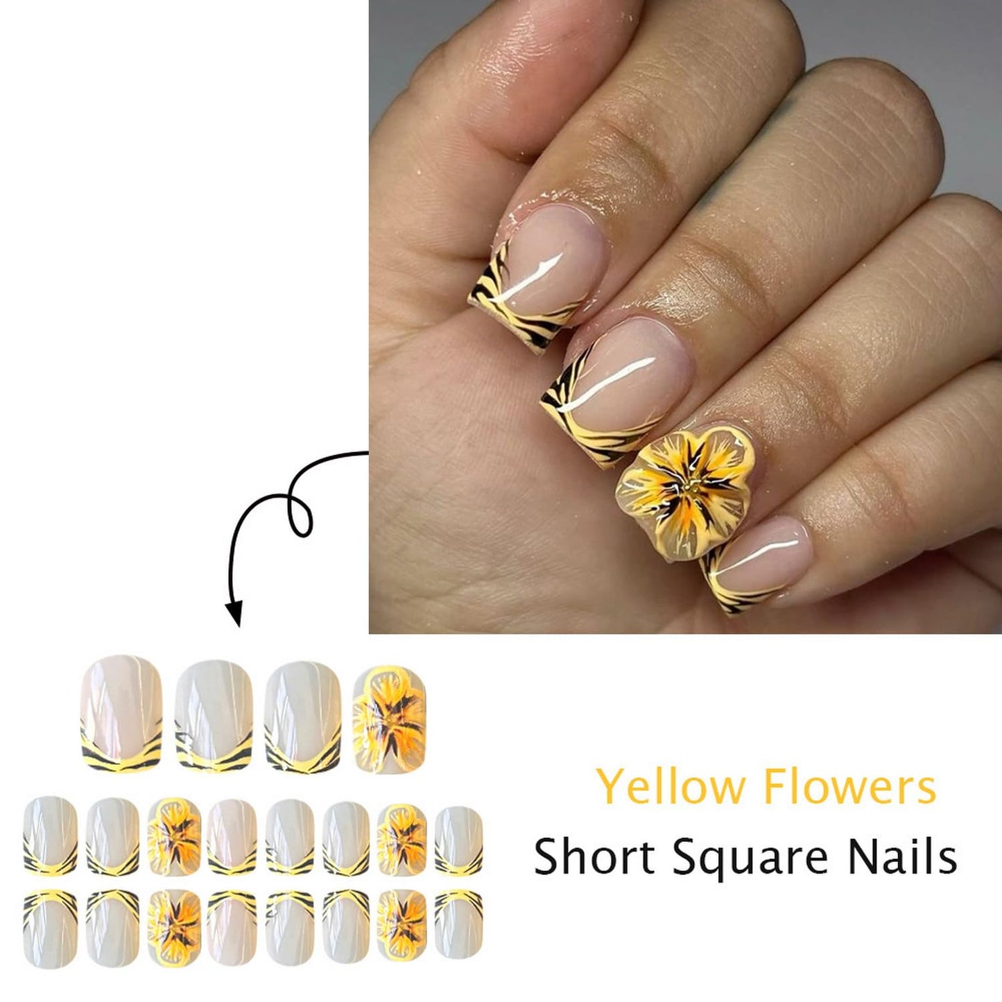 Summer Press on Nails Short Square Fake Nails Yellow with Flower designs Stick on Nails Full Cover Leopard Print French Tip Press ones False Nails for Women Glue on Nails Beach Nails 24pcs