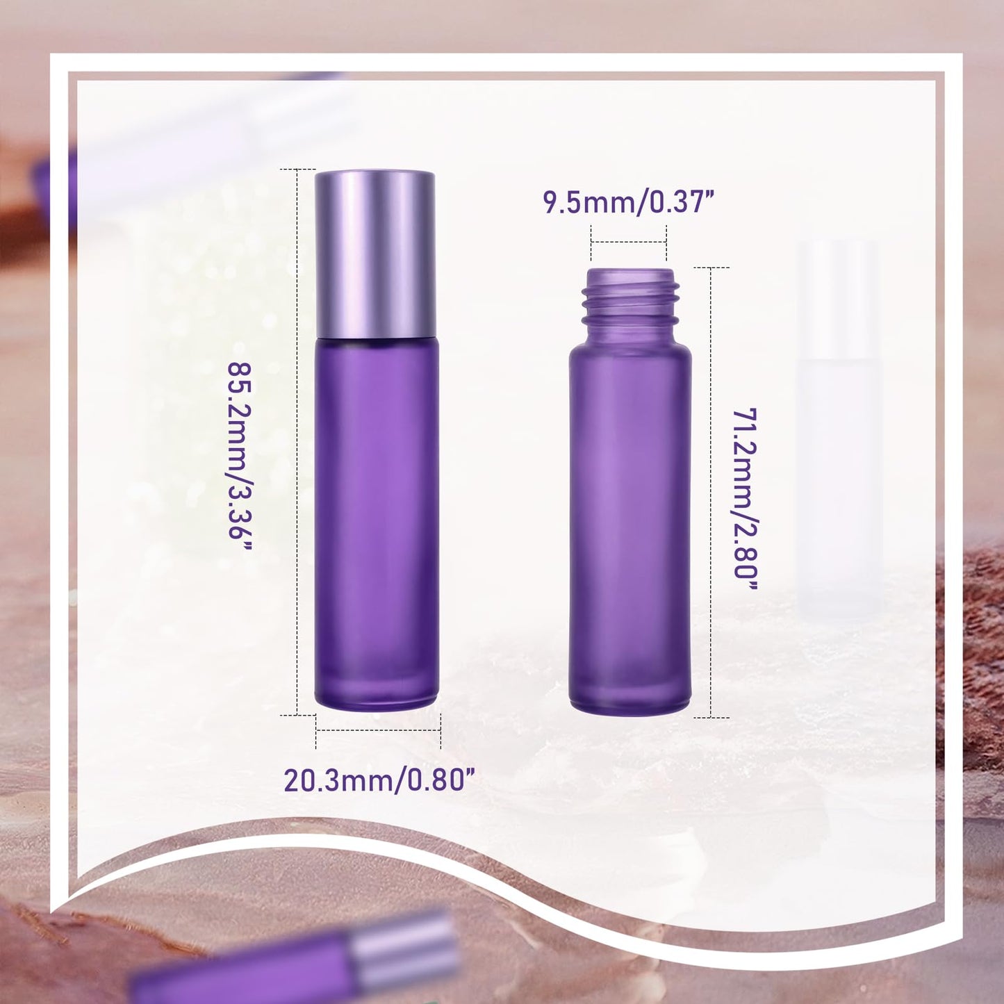 Kesell 10-Pack 10ml Glass Roller Bottles for Essential Oils - Travel- (3.34x0.78inch), Stainless Steel Roll-On Balls, Leak-Proof Caps - Refillable Perfume, Aromatherapy Bottles