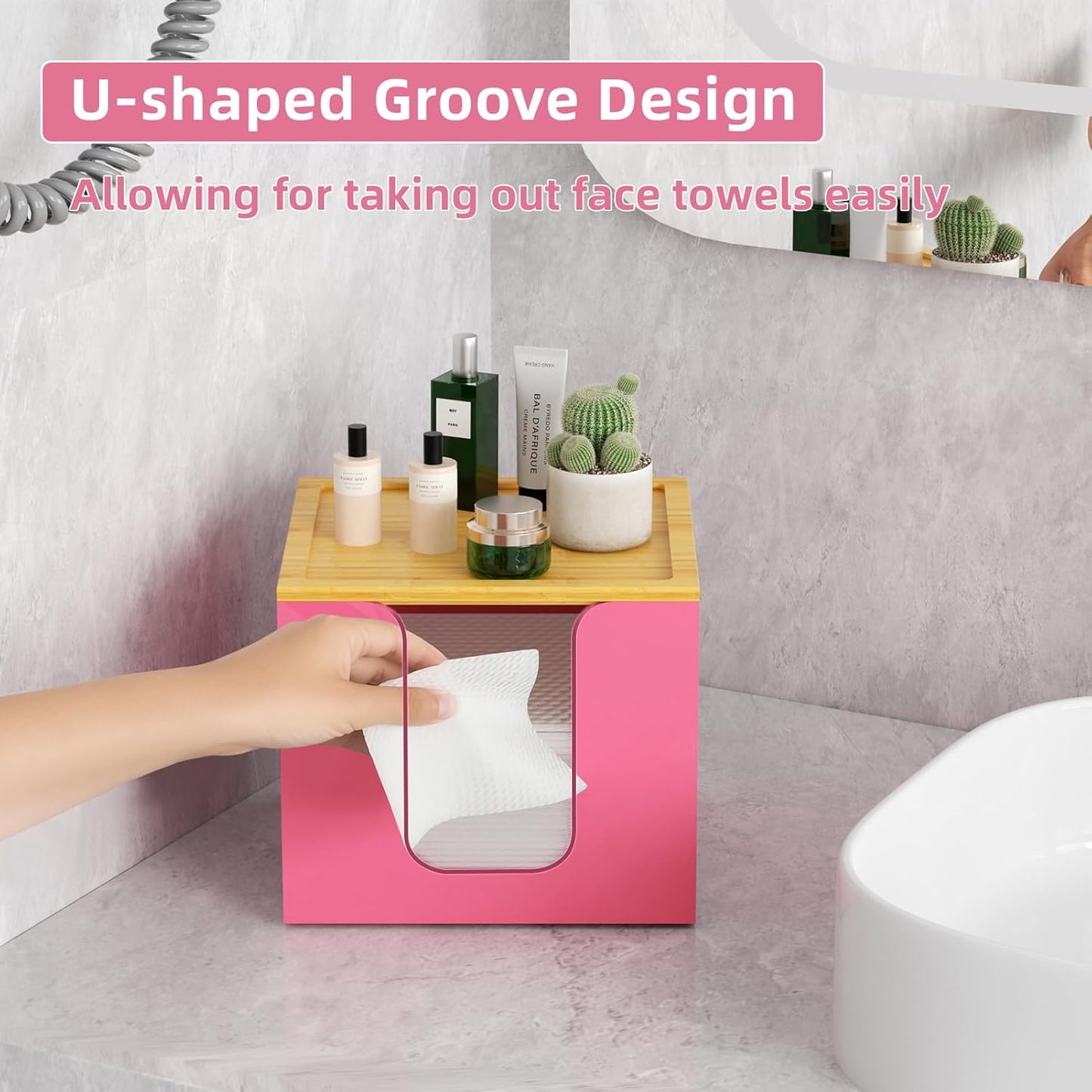 VITVITI Acrylic Face Towel Holder Box - Large Disposable Towel Storage with Bamboo Lid for Bathroom & Vanity
