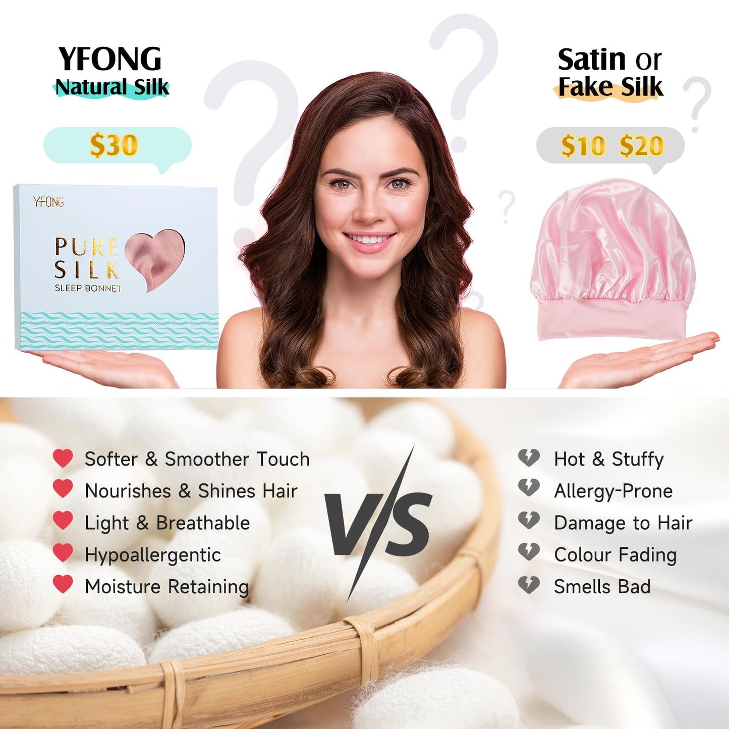 YFONG 100% 22 Momme Mulberry Silk Bonnet for Sleeping Women, Larger Double Layer Silk Hair Wrap for Curly Short Long Hair, Non-Slip Sleep Cap Turban with Elastic Tie Band for Hair Care, Pink