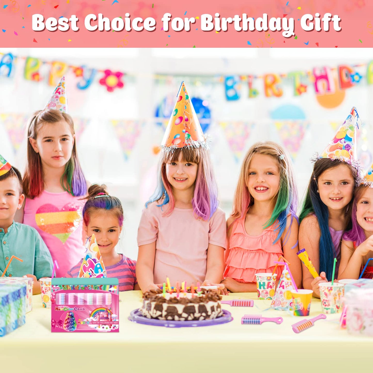 New Hair Chalk Comb for Girls Kids with light hair, Washable Temporary Hair Color Dye for Kids Age 5 6 7 8 9 10+ Birthday Gift Cosplay DIY, Christmas (Blue, Pink, Purple, Green, Red, Black)