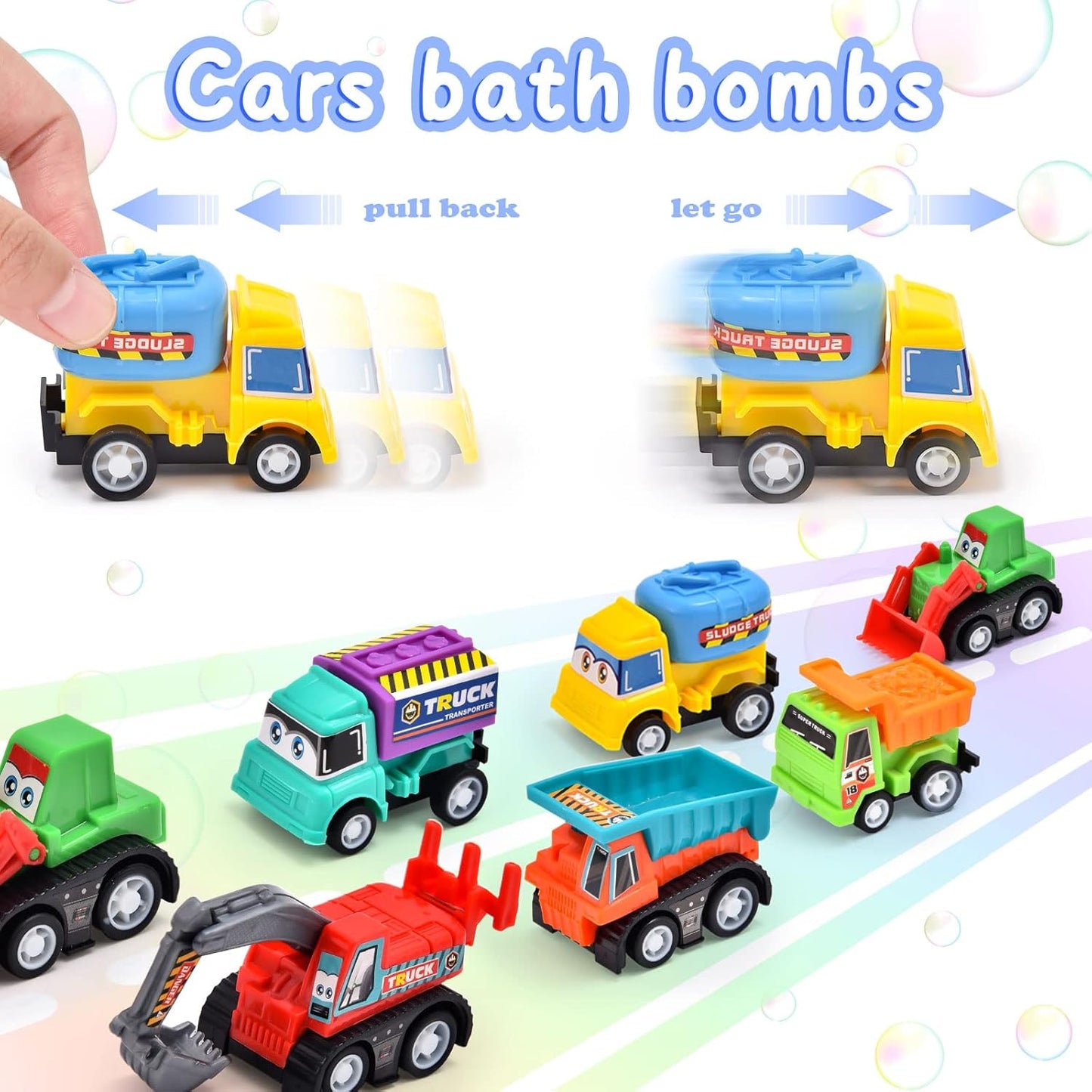 Natural Bath Bombs for Kids - 6 Pack Organic Colorful Foam Bubble Set & Pull-Back Cars - Perfect Christmas Gift for Toddlers