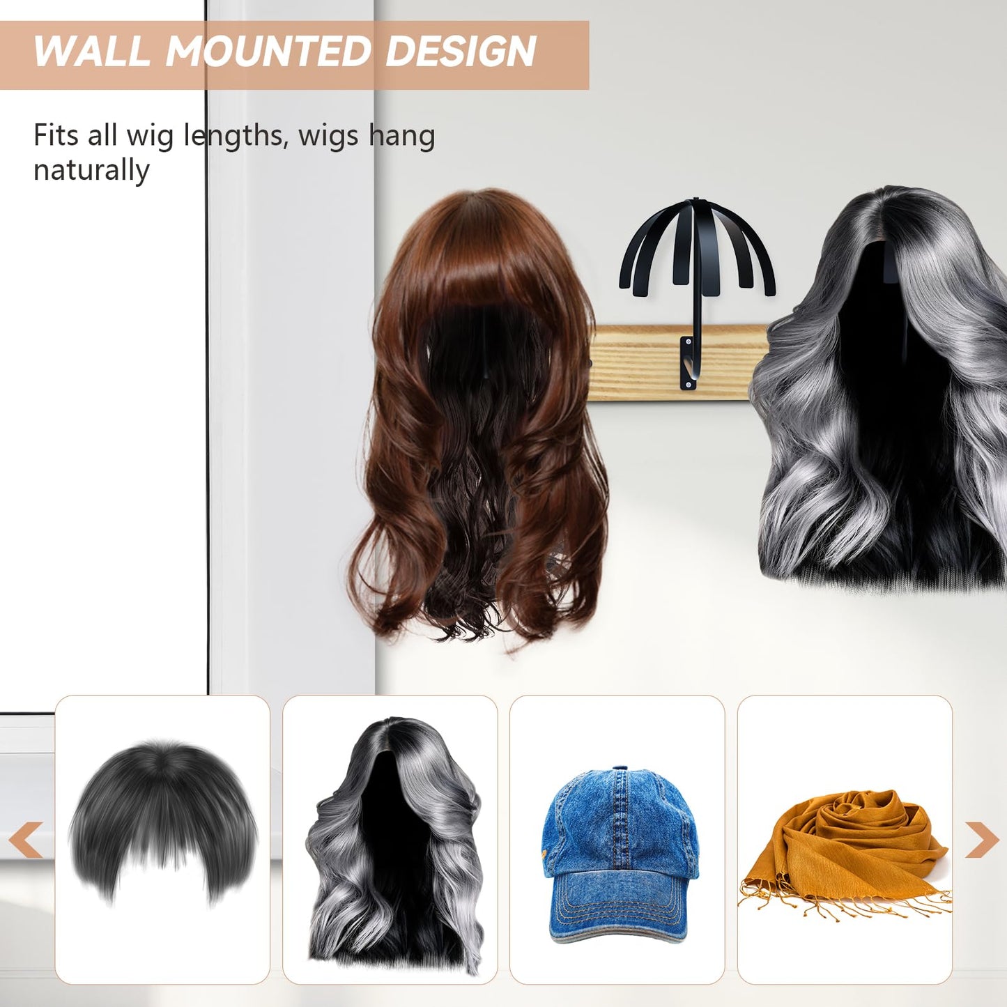 Yumkfoi Hanging Wig Stand for Multiple Wigs, 6 PCS Wall Mounted Wig Hanger Holder, Durable Wig Storage Organizer Rack for Display, Storage, Styling, Drying (Carbon Steel and Wood)