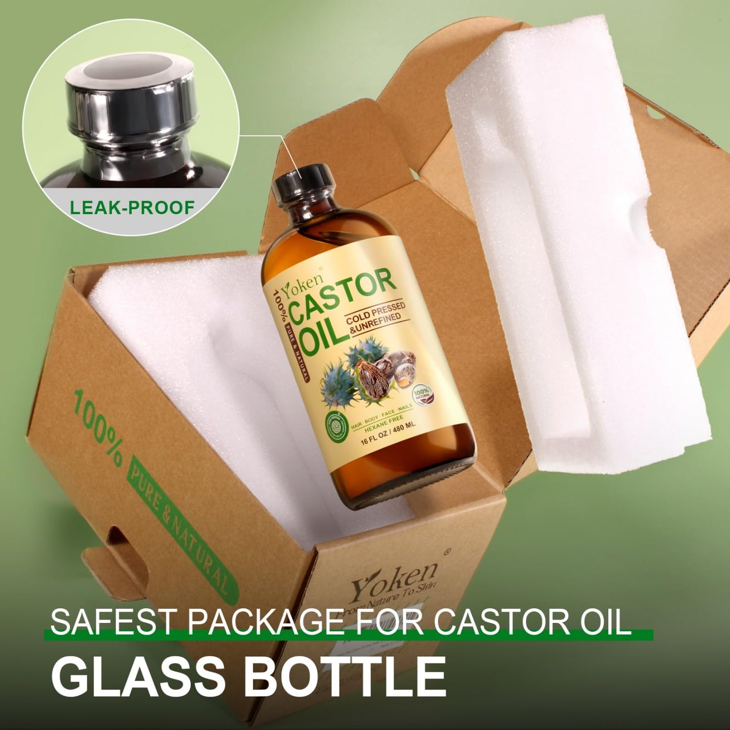 Yoken EWG Verified Castor Oil Glass Bottle 16 fl oz 100% Pure Natural Cold Pressed Castor Oil for Face, Body, Hair, Eyelash, Skin - Hexane Free, Unrefined, Virgin, Rich Fatty Acid for Caster Pack Wrap