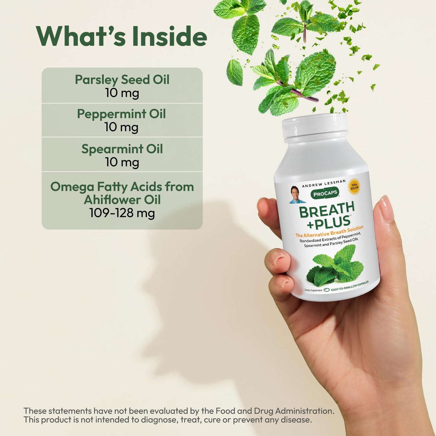 ANDREW LESSMAN Breath Plus 60 Softgels - Natural Breath Freshener, Helps Eliminate Odors from Food, Smoking, Morning Breath from The Inside Out. Peppermint, Spearmint. Easy to Swallow Softgels