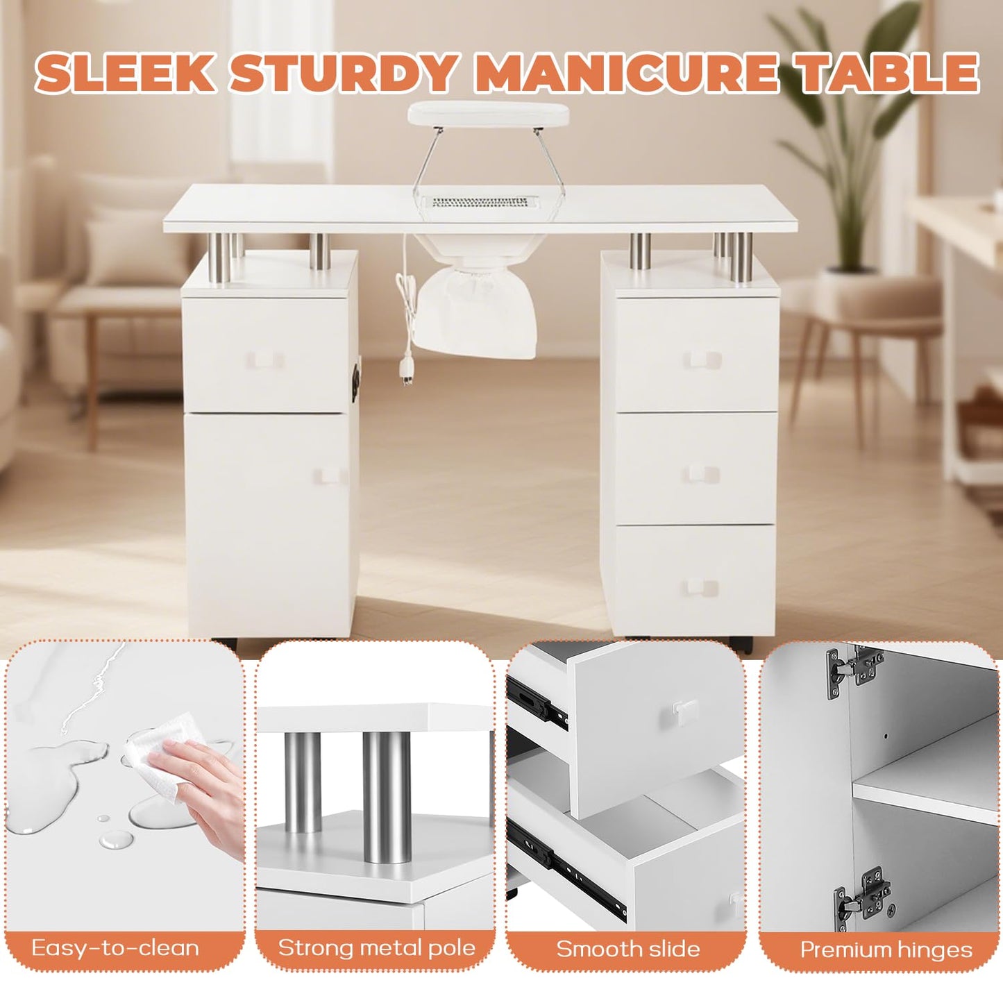 Manicure Table Nail Tech Desk with Electric Dust Collector, Nail Table Station w/Charging Socket, 4 Drawers, Lockable Wheels & 2 Wrist Rests – Professional Nail Station for Salon & Home, Snowy White