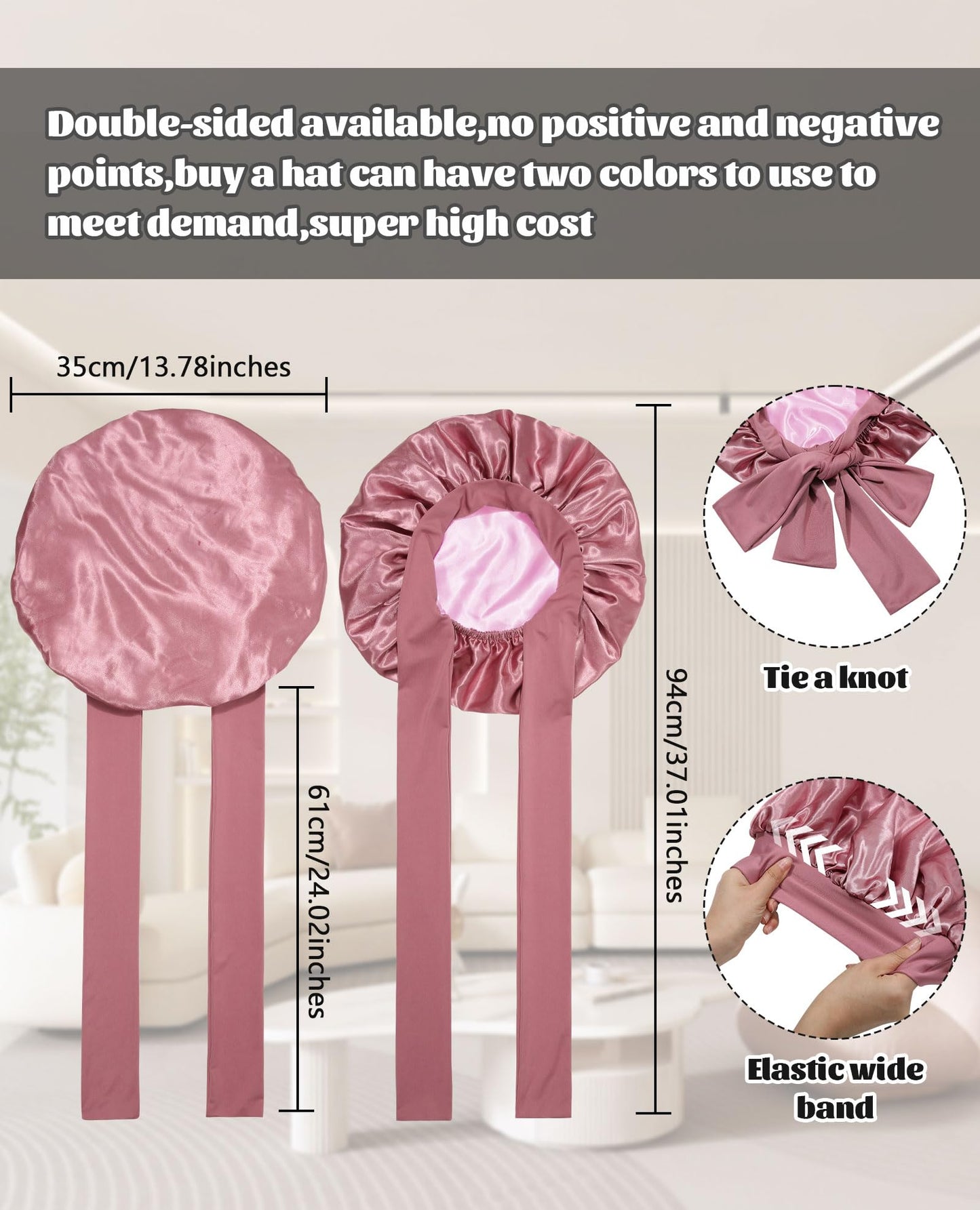 Satin Bonnet Silk Bonnet for Sleeping Silk Sleep Cap Double Layer Hair Bonnet with Elastic Tie Band for Curly Hair Night Cap (Bean Paste + Pink)