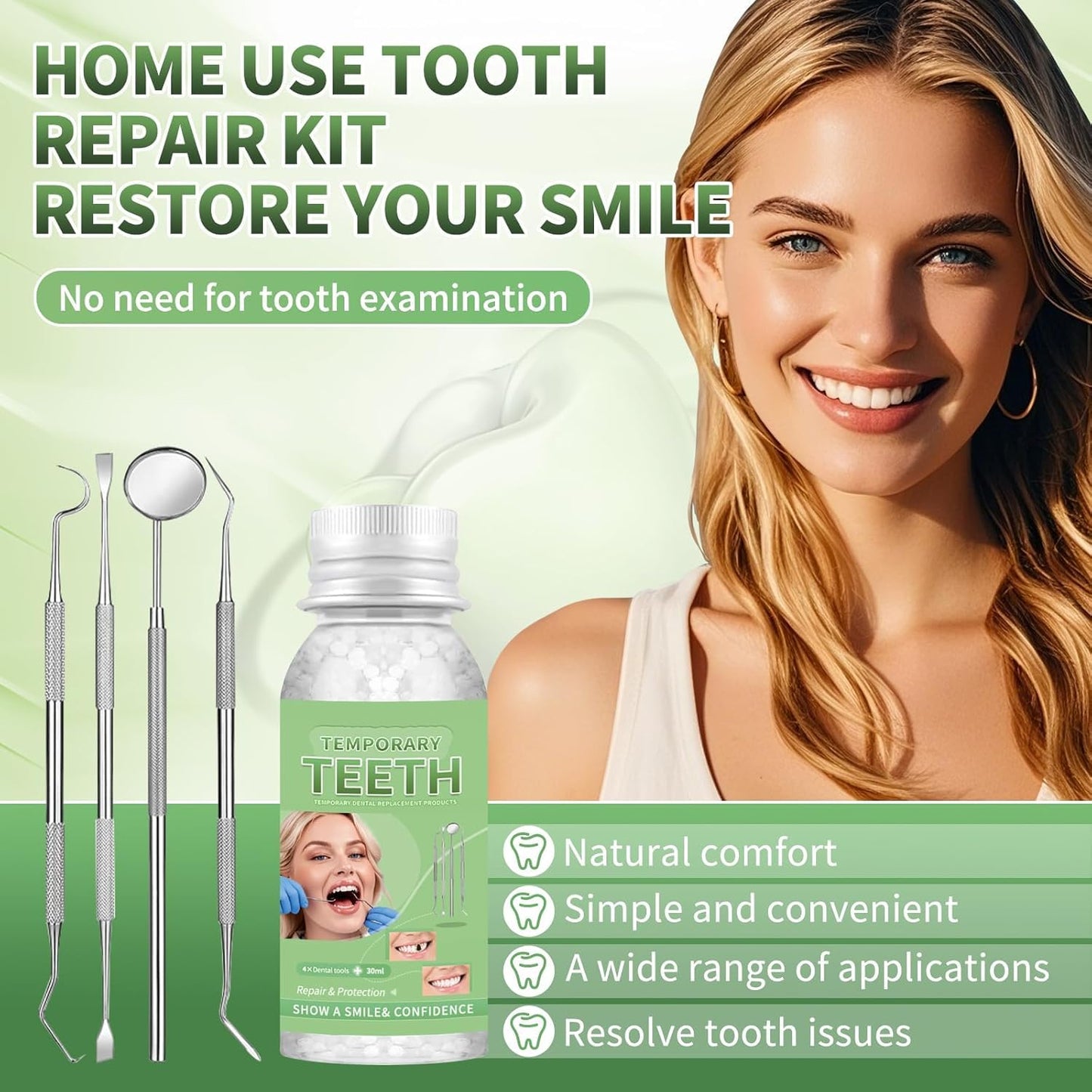 Tooth Repair Kit, Moldable Tooth Filling Repair Kit, Fake Teeth DIY at Home, Fixing Missing & Broken Tooth Replacements, with 4 Dental Tools-V04