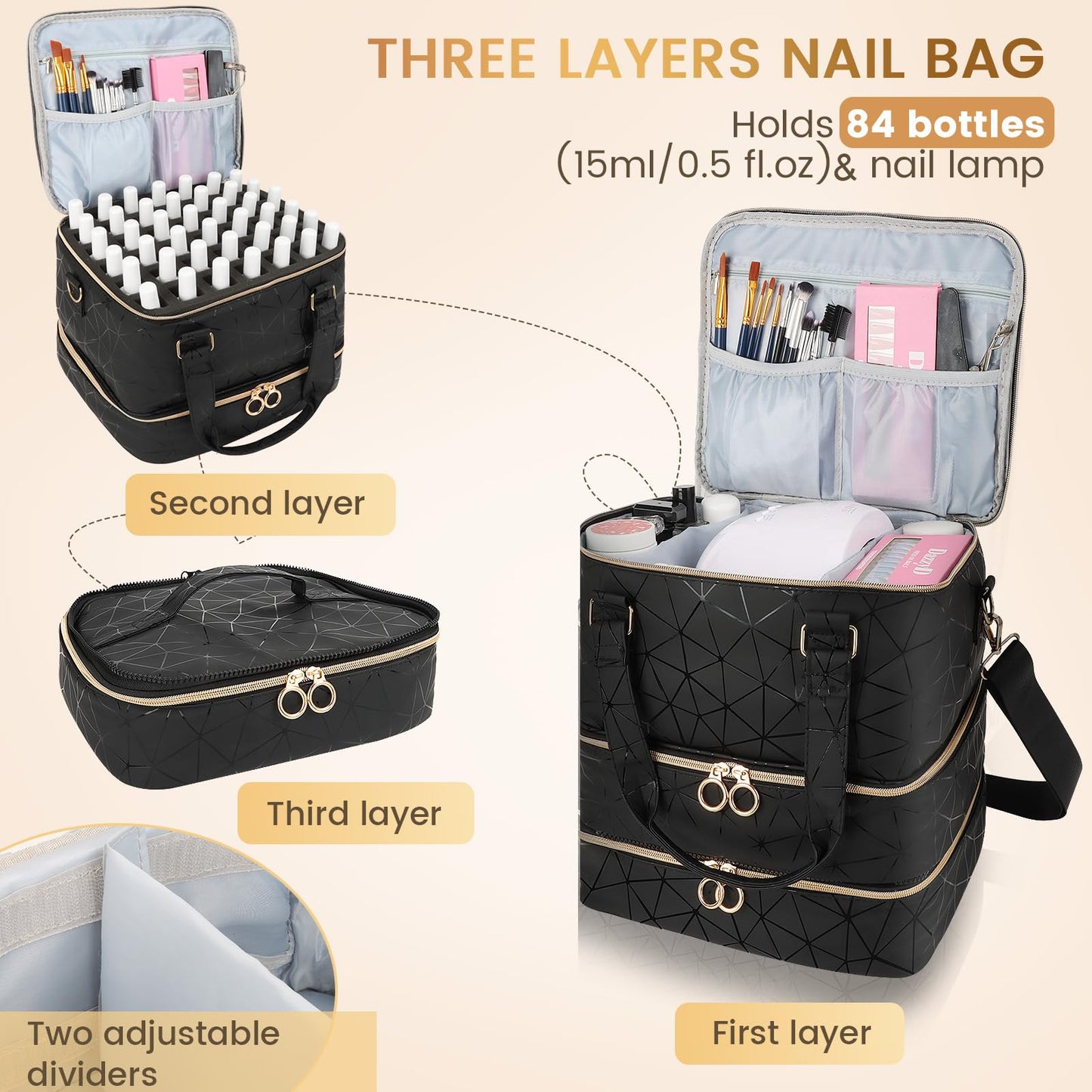 Nail Polish Organizer Bag Holds 84 Bottles & Nail Lamp, 3 Layers Nail Kit Storage Carrying Case Pu Leather, Large Nail Supplies Organizer With Shoulder Strap, Portable Travel Nail Bag For Nail Tech