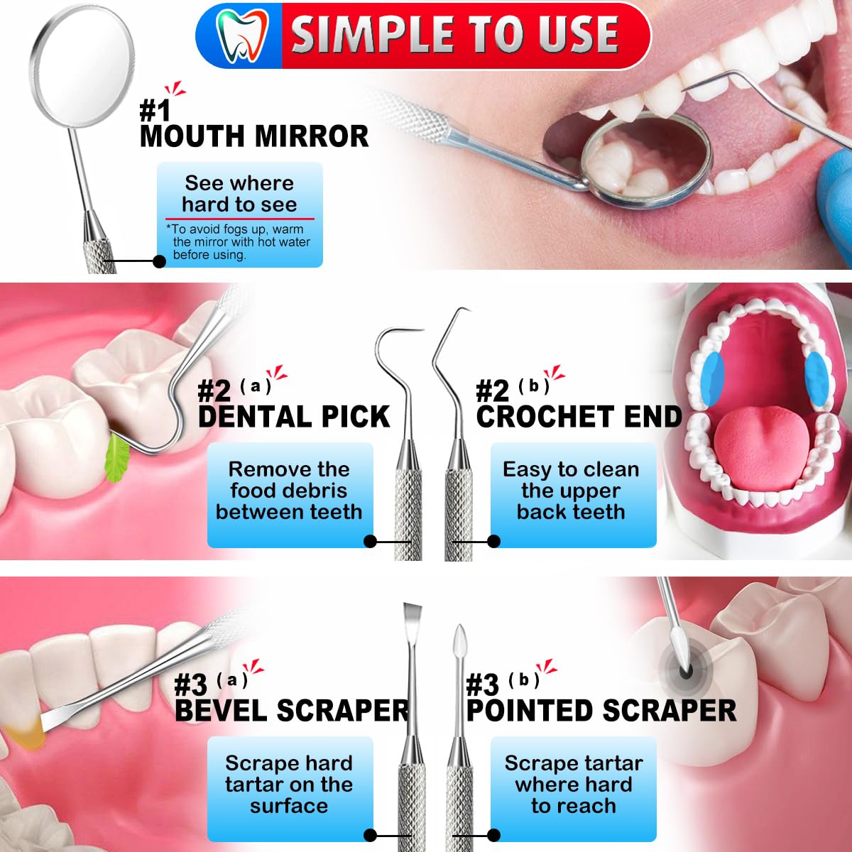 G.CATACC Dental Tools Teeth Cleaning Oral Care Hygiene Kit with Metal Dental Pick, Tongue Scraper Plaque Tartar Remover for Teeth - with Case