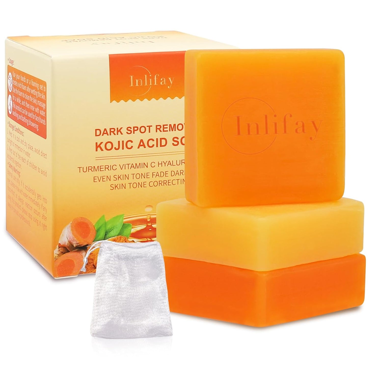 Inlifay Kojic Acid Soap Bar: Dark Spot Remover with Turmeric - Skin Cleasing for Women with Hyperpigmentation - Home Travel Use with African Net Sponge in Summer