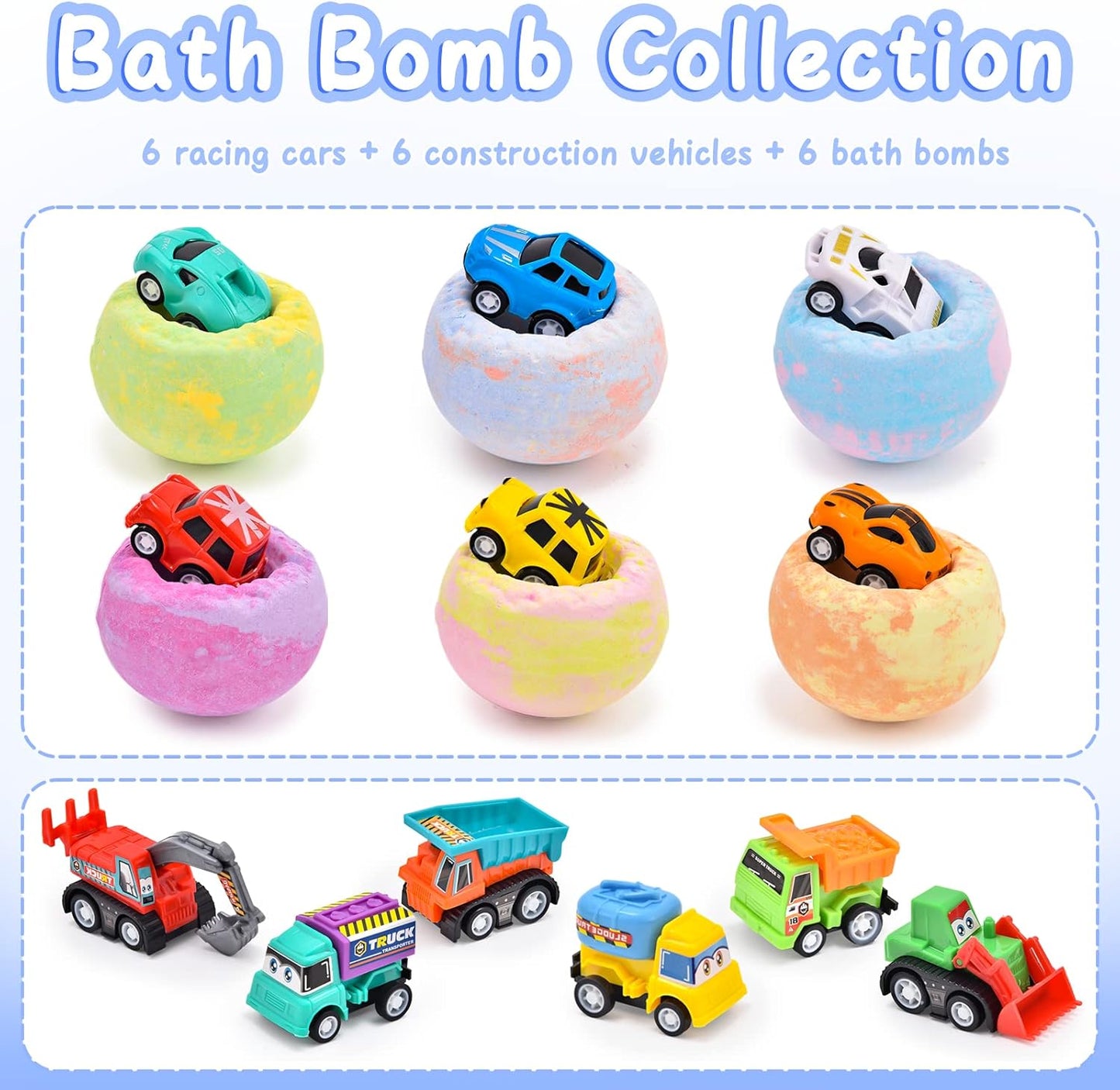 Natural Bath Bombs for Kids - 6 Pack Organic Colorful Foam Bubble Set & Pull-Back Cars - Perfect Christmas Gift for Toddlers