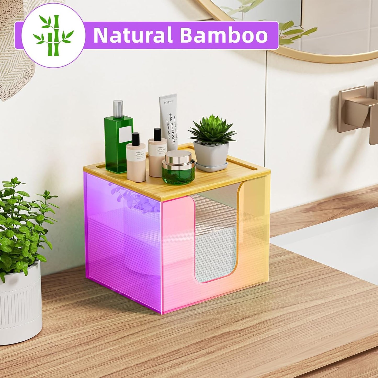 VITVITI Acrylic Face Towel Holder Box - Large Disposable Towel Storage with Bamboo Lid for Bathroom & Vanity