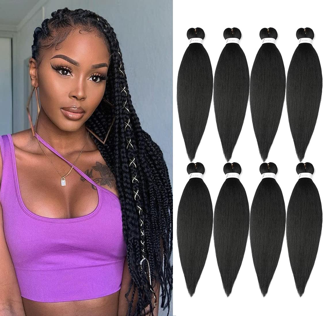 8 Packs 20-Inch Ombre Pre-Stretched Braiding Hair - Soft Yaki Texture Extensions