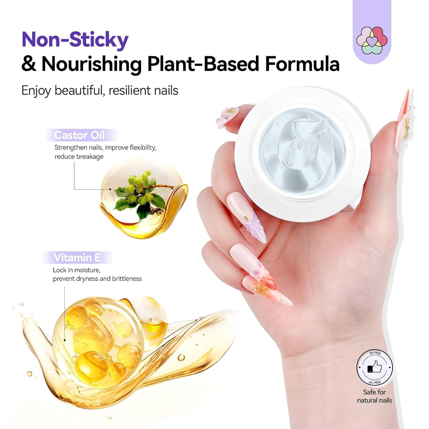 Builder Nail Gel Kit - 4 Colors (Clear, Nude, White, Pink) for Nail Extensions & 3D Sculpting - Long-Lasting Non-Sticky Hard Gel with Chrome Powder