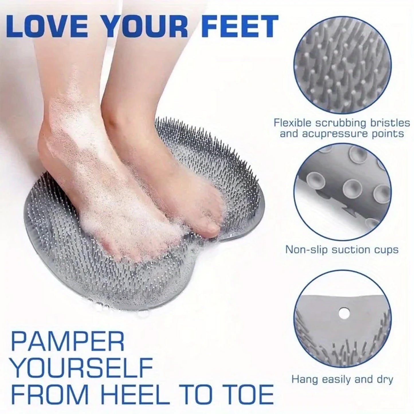 Solespa Hands-Free Silicone Foot Scrubber Mat, Shower Foot Scrubber Mat with Non-Slip Suction Cups, Wall Mounted Back Washer Exfoliating Bath Wash for Men & Women (Gray)