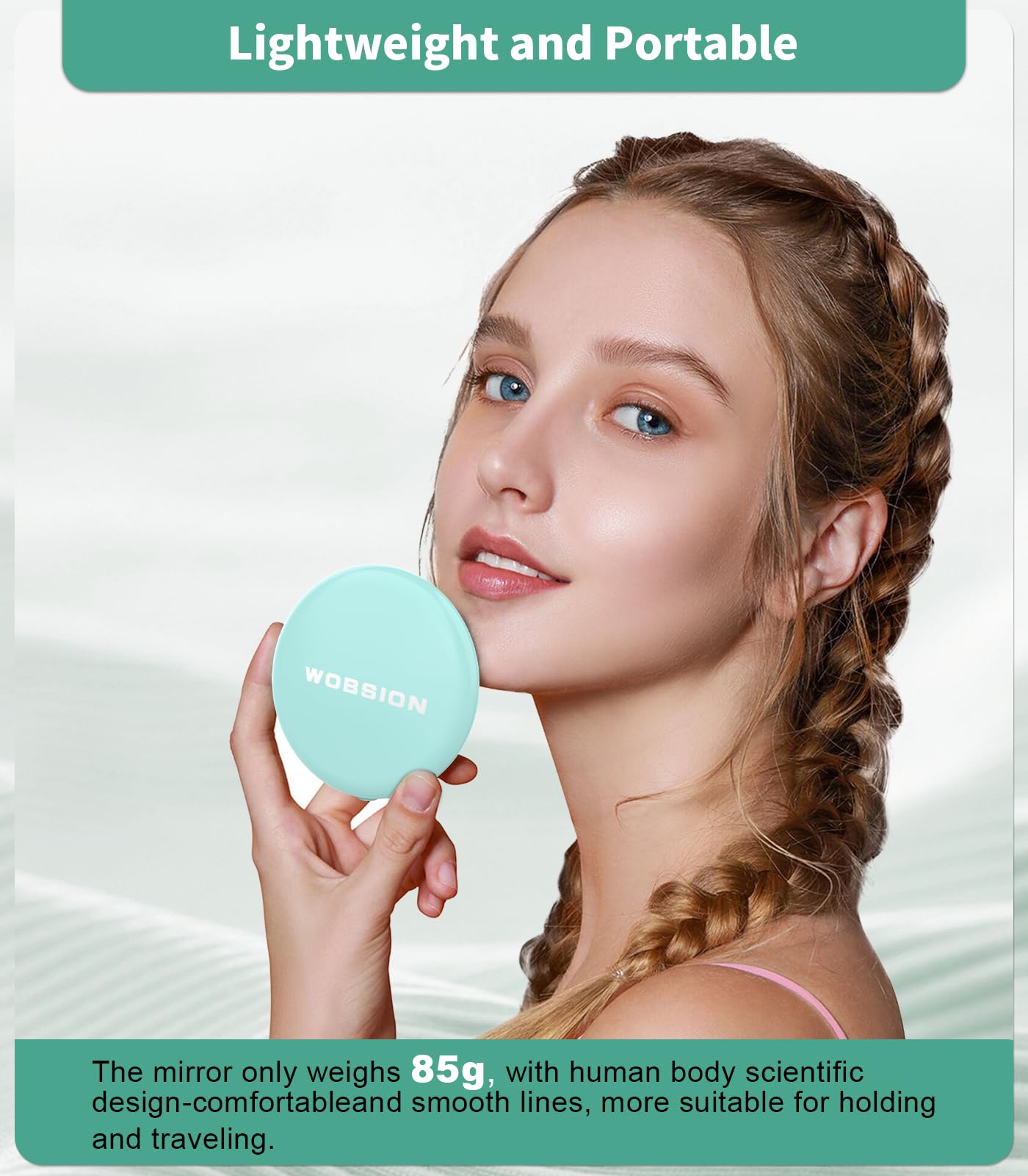 wobsion LED Lighted Travel Makeup Mirror, 1x/10x Magnification, Compact, Portable for Handbag, Purse, Pocket, 3.5 inch Illuminated, Folding, Handheld, 2-Sided, Round, Cyan