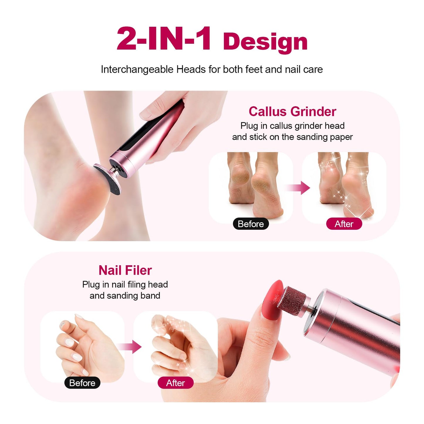 Rechargeable Callus Remover for Feet Electric 2-in-1 Pedicure Tools Foot File Grinder LCD Display 9 Adjustable Speeds 2 Sanding Heads 30 Sanding Paper