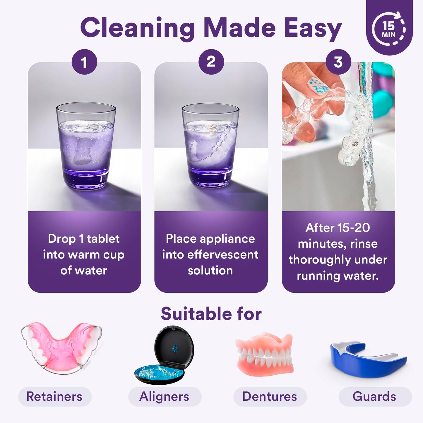 Weiss Naturals Retainer Cleaner Tablets, Invisalign Cleaner, Remove Stains, Odors & Plaque, FSA & HSA Eligible, PERSULFATE FREE Night Guard & Denture Cleaner 1-Month Supply, 30 Grape Scented Tablets