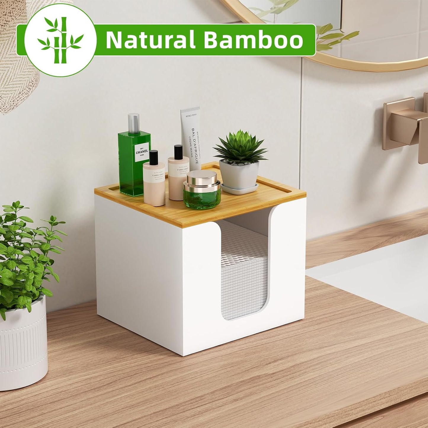 VITVITI Acrylic Face Towel Holder Box - Large Disposable Towel Storage with Bamboo Lid for Bathroom & Vanity