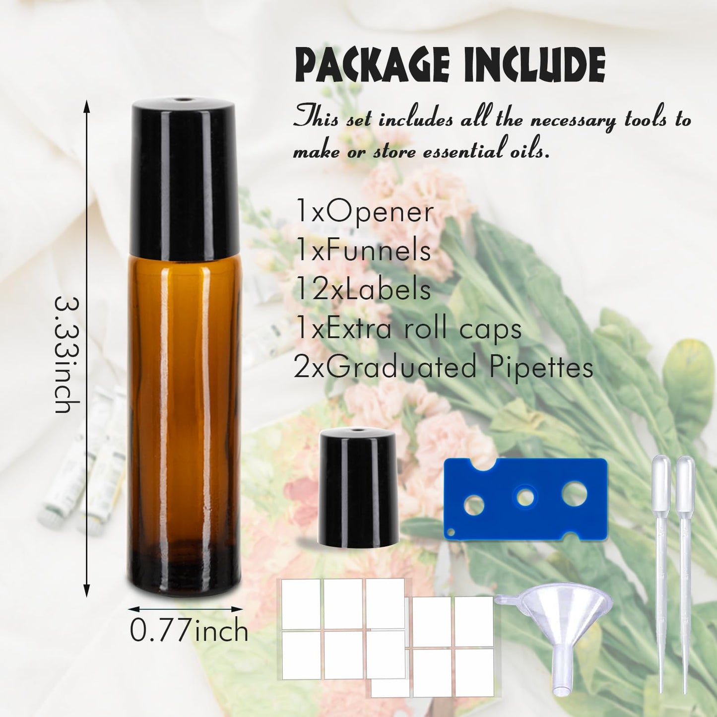 6 Pack Essential Oil Roller Bottles - 10ml Amber Glass Roll-On Bottles with Stainless Steel Roller Balls, Labels, 1*Openers, 1*Funnels, 1*Dropper