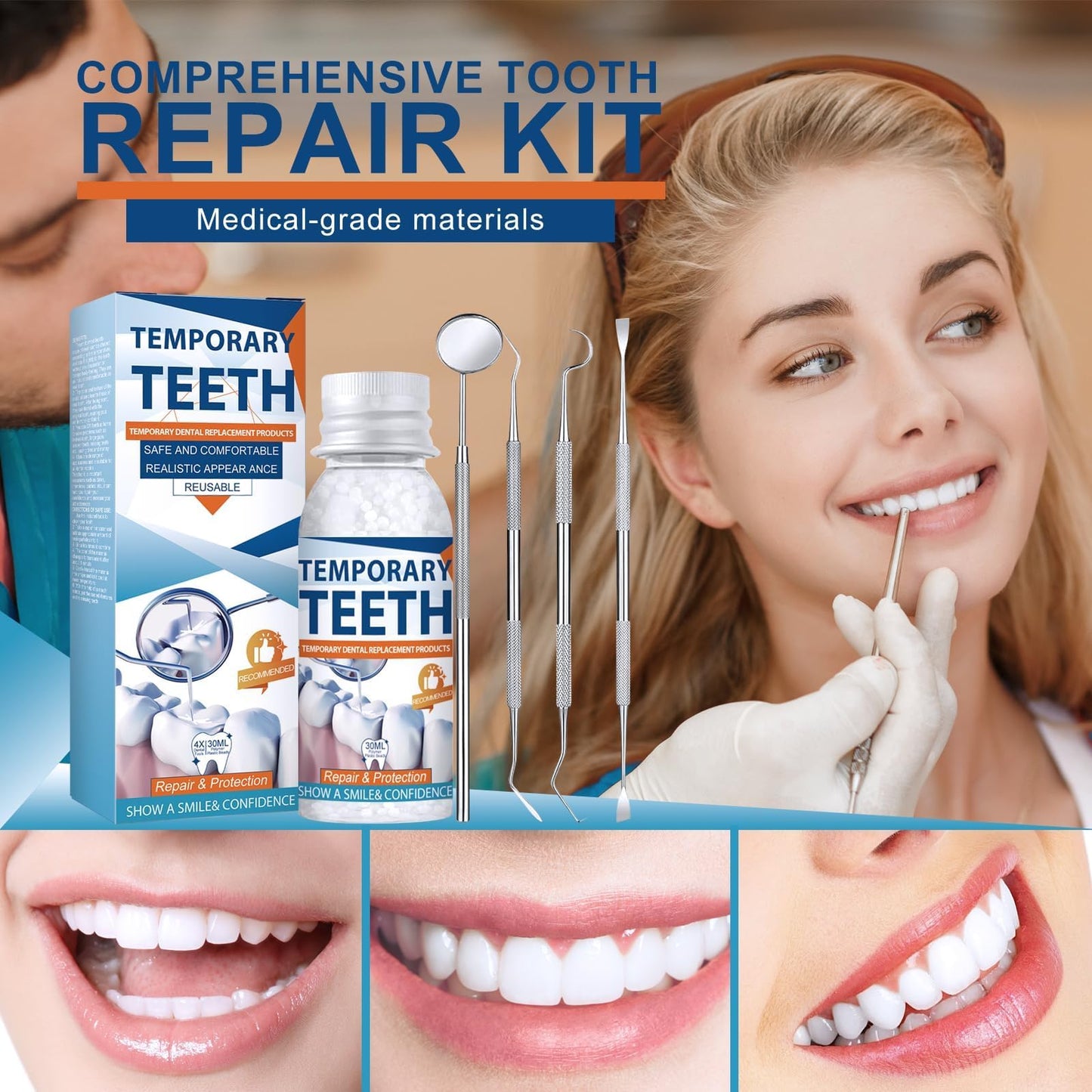 Tooth Repair Kit, Moldable Tooth Filling Repair Kit with 4 Dental Tool, Dental Care Kit Fixing The Missing and Broken Replacements, DIY Natural Filling Fake Teeth,Smile Confidently Again-8A