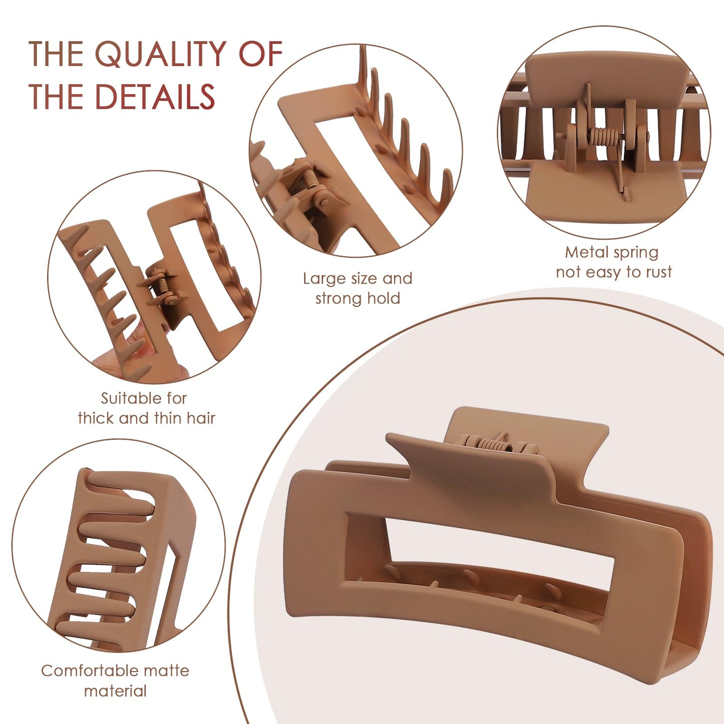 Mandydov 8 Pcs Large Hair Claw Clips 4.1 Inch Non-slip Big Square Matte Claws for Women, Strong Hold Banana Clips for Thick Thin Hair