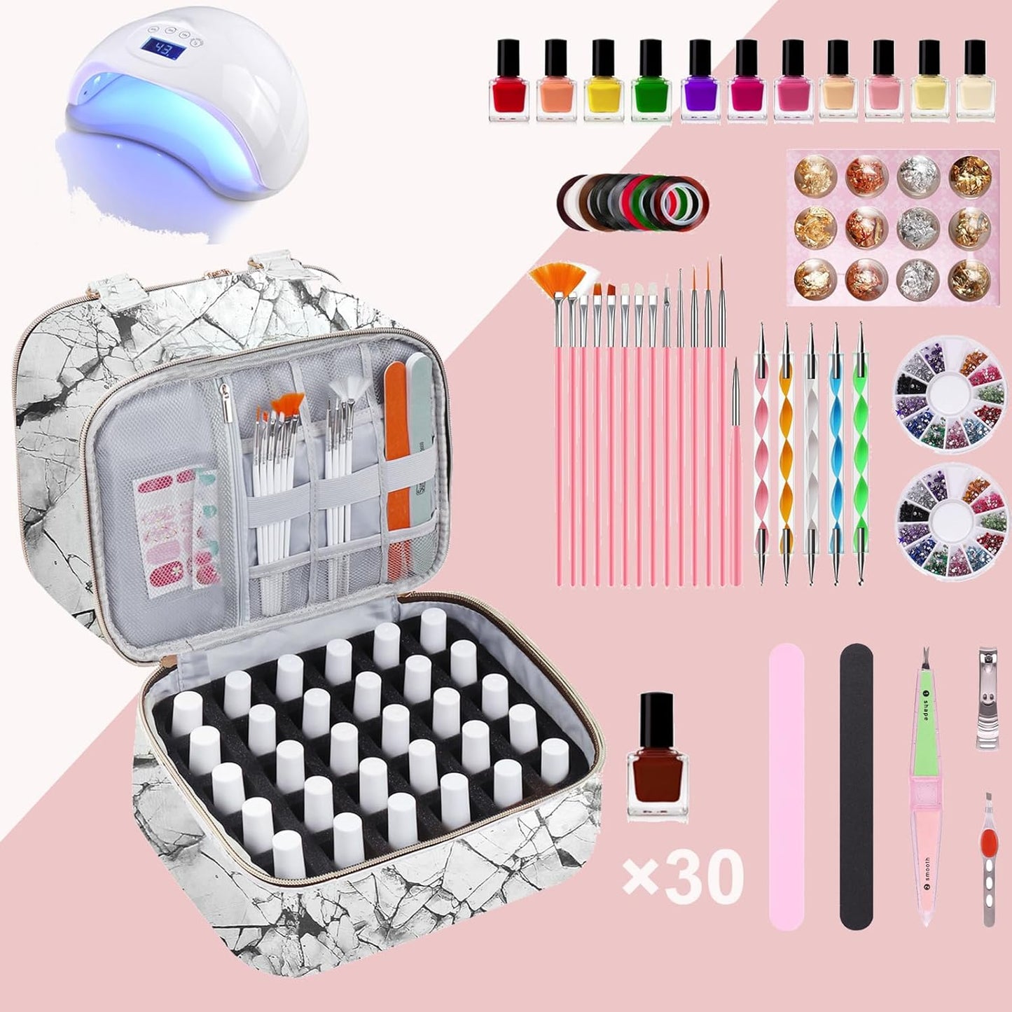 Nail Polish Organizer Bag with Travel Case for 30+ Bottles & Nail Lamp - Purple