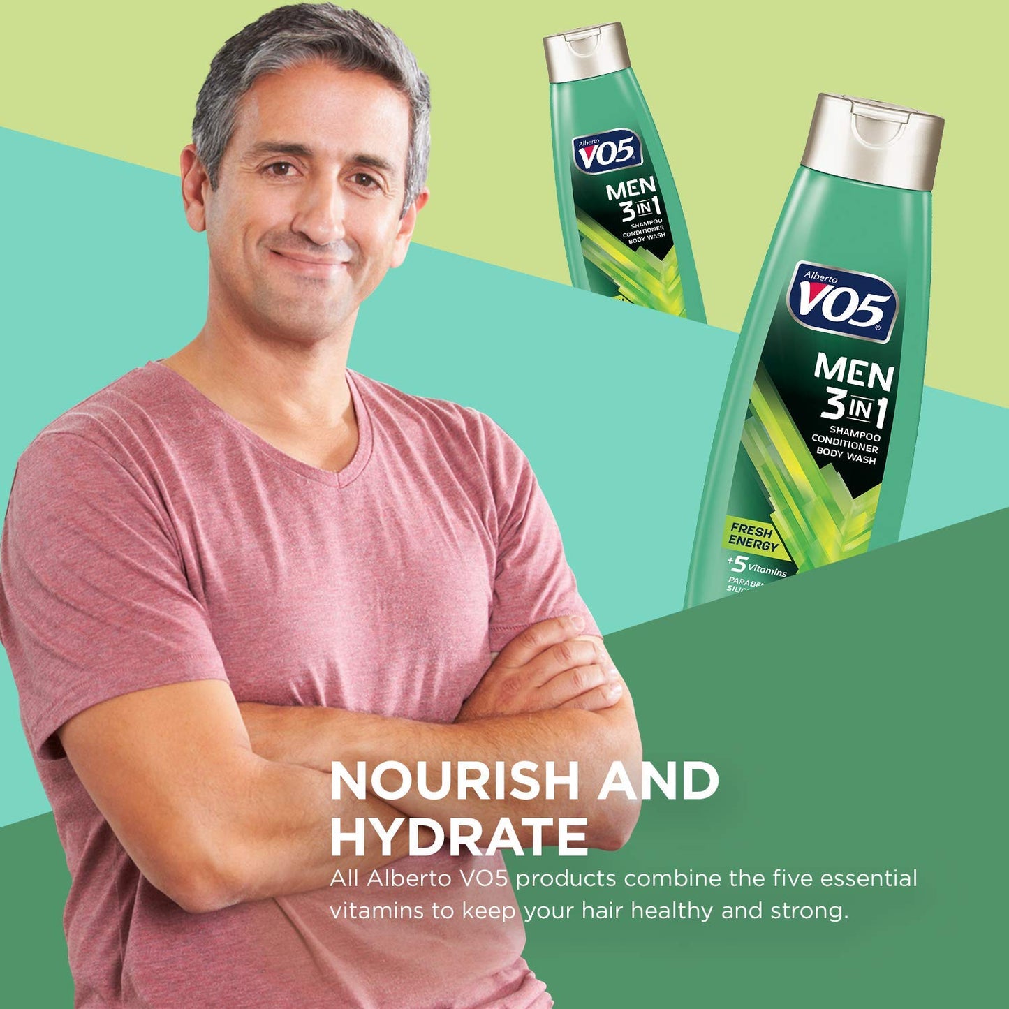 Alberto VO5 Mens 3-IN-1 Shampoo Conditioner and Body Wash - 12.5 Oz - Fresh Energy - 5 Essential Vitamins to Help Nourish and Hydrate Your Hair and Skin- Vitamin A, H, C, B5 and B3, multi (11304)