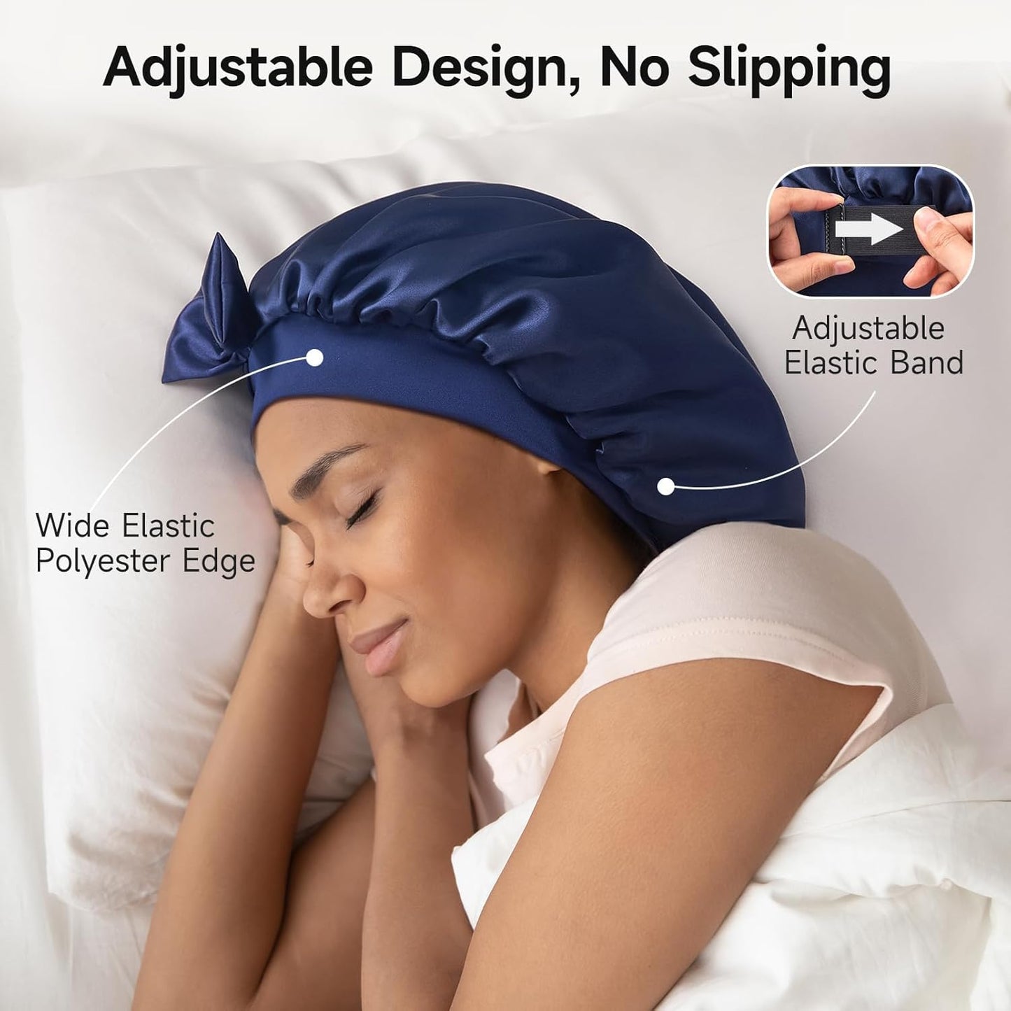 22 Momme Mulberry Silk Bonnet for Women - Double-Sided Non-Slip Sleep Cap for Long Curly Hair, Adjustable Band, Ebony