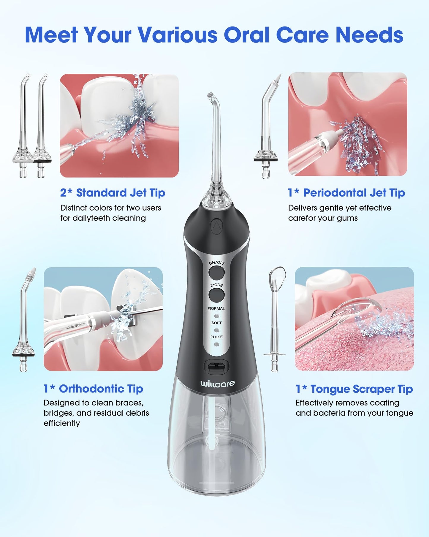 Water Dental Flosser, Portable Oral Irrigator with 10OZ Water Tank, 7X Deep Cleaning, 5 Nozzle Options, IPX7 Waterproof, Travel-Friendly