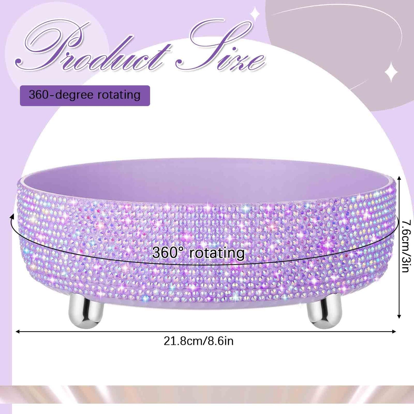 Honeydak Bling Perfume Makeup Organizer Rhinestone Bathroom Organizers and Storage 360 Rotating Makeup Organizer for Countertop Women Girls Essentials(Purple,Rhinestone)