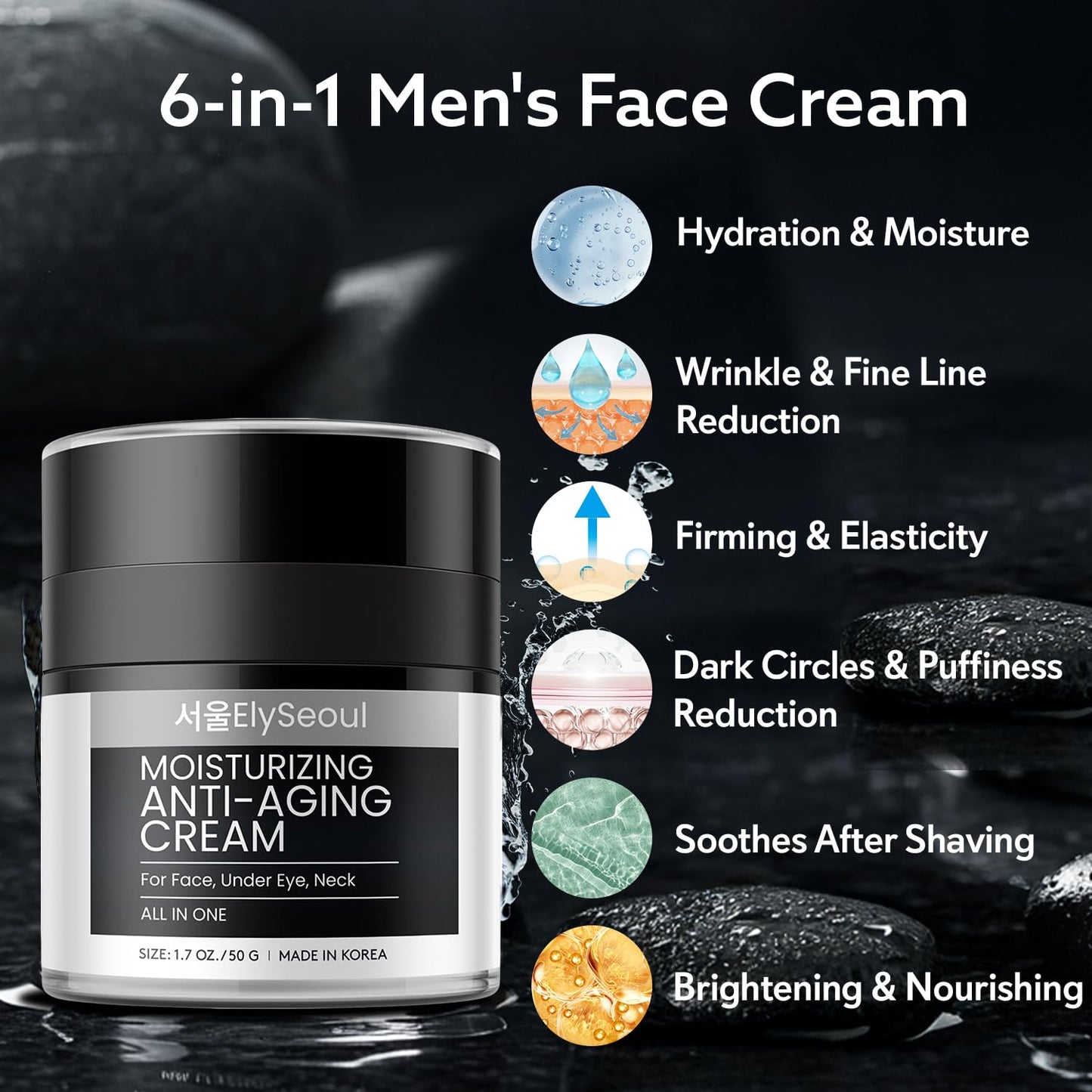 Korean 6-in-1 Men's Face Cream - Anti-Aging Moisturizer for Wrinkles, Dark Circles & Puffiness with Retinol & Hyaluronic Acid, 1.7 oz