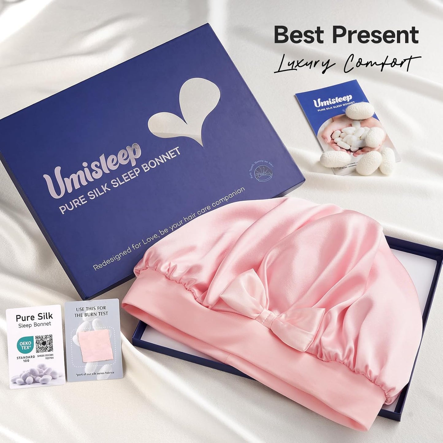 22 Momme Mulberry Silk Bonnet for Women - Double-Sided Non-Slip Sleep Cap for Long Curly Hair, Adjustable Band, Ebony