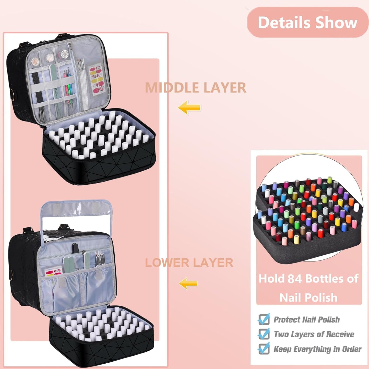 Nail Polish Organizer Bag with Travel Case for 30+ Bottles & Nail Lamp - Purple