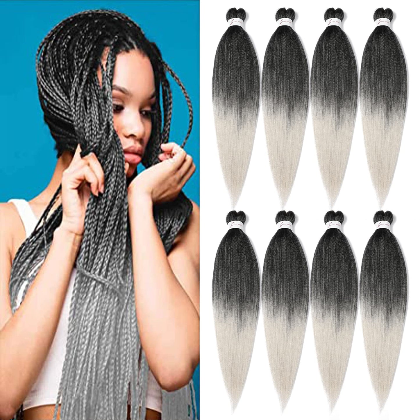 8 Packs 20-Inch Ombre Pre-Stretched Braiding Hair - Soft Yaki Texture Extensions