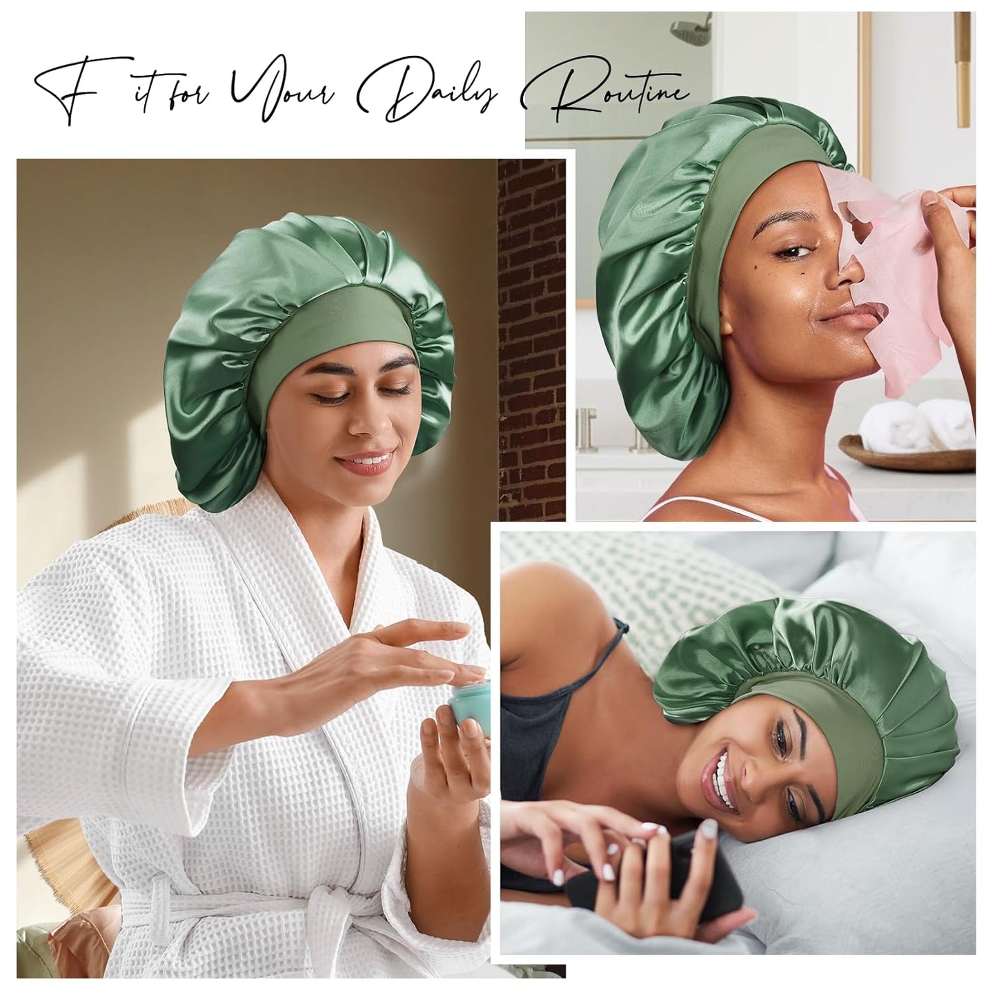 22 Momme Mulberry Silk Bonnet for Women - Double-Sided Non-Slip Sleep Cap for Long Curly Hair, Adjustable Band, Ebony