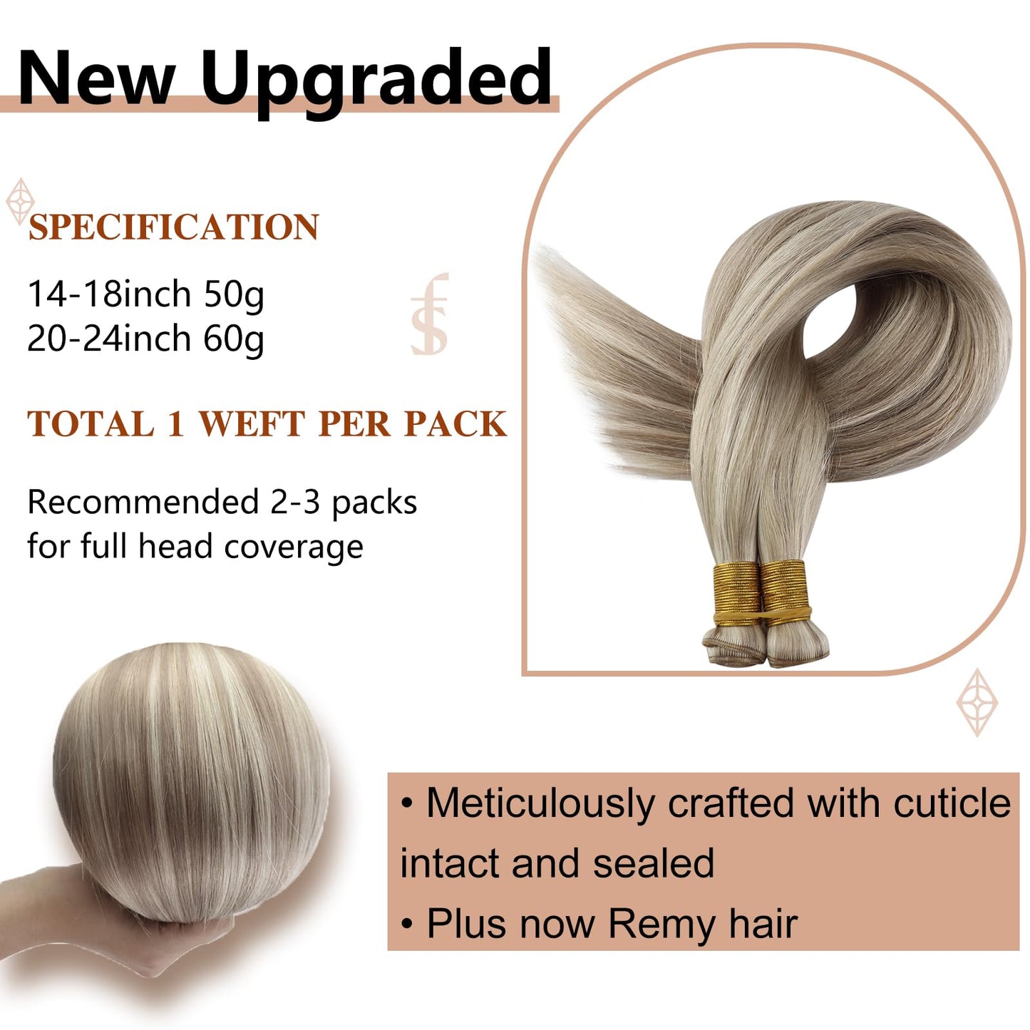 Full Shine 22 Inch Human Hair Weft Sew In Hair Extensions Real Human Hair Hand Tied Hair Extensions Straight Remy Hair For Women Color Ash Blonde Highlight Bleach Blonde Bundles Human Hair 60G