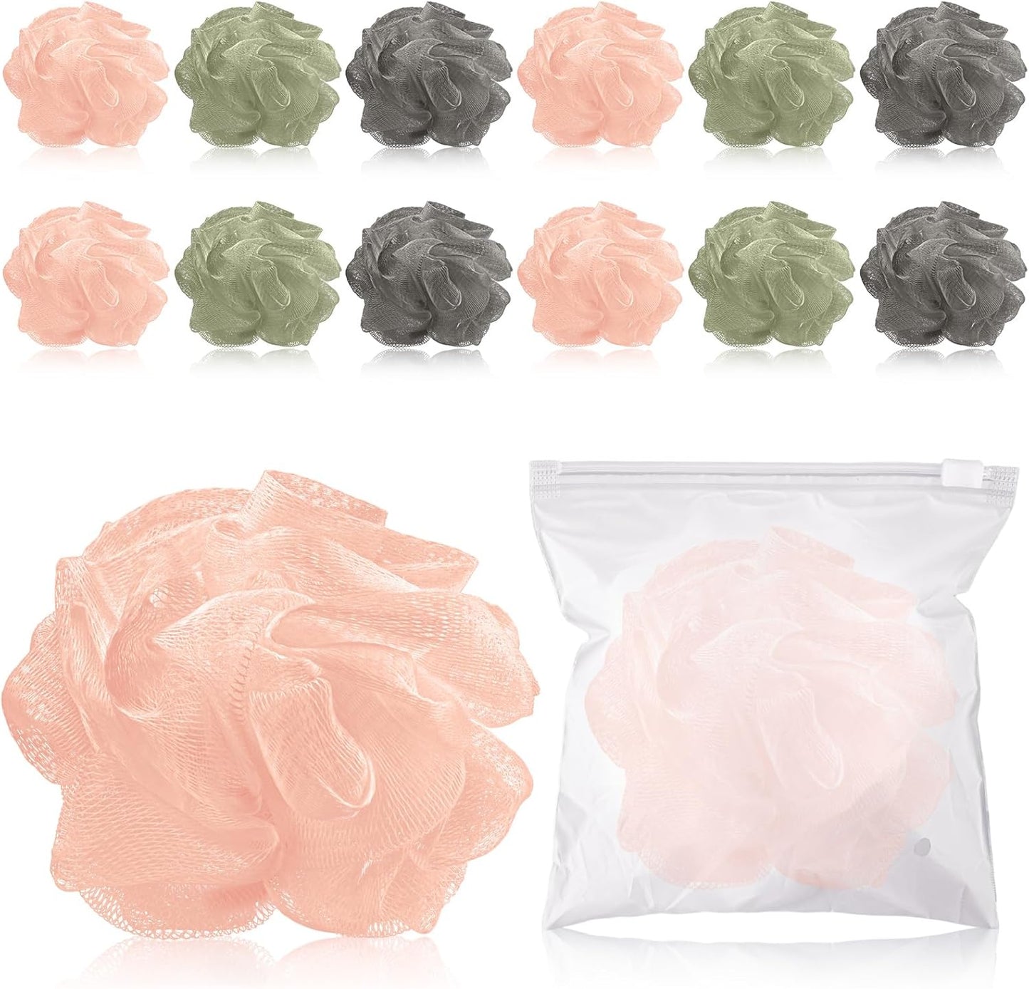 Travel Size Loofah Set - 12 Individually Wrapped Mini Bath Sponges with Case (Black, 25g)