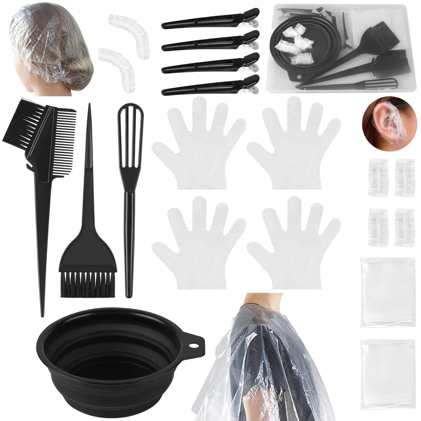 18PCS Hair Dye Kit, Hair Coloring Products with Hair Dye Brush, Collapsible Bowl, Clips, Ear Muffs, Disposable Gloves, Scarf, Shower Cap
