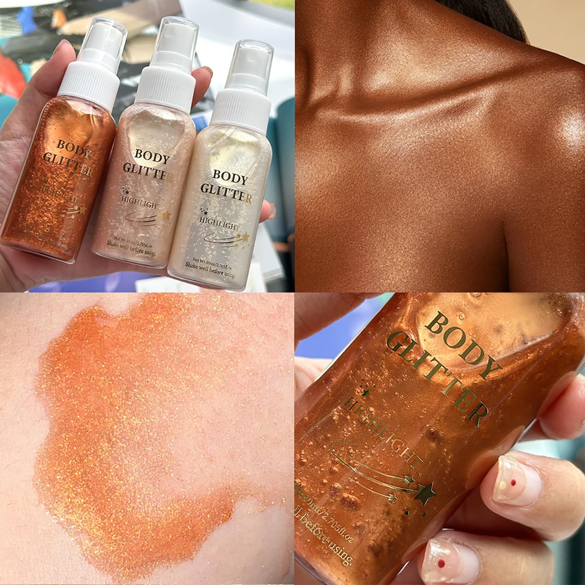 Body Glitter Spray Highlight, 4 Shimmering Color, Quick-Drying Formula Moisturizing Liquid Highlighter for Black/White Skin Women Men for Party, All Body Parts (03 Bronze)