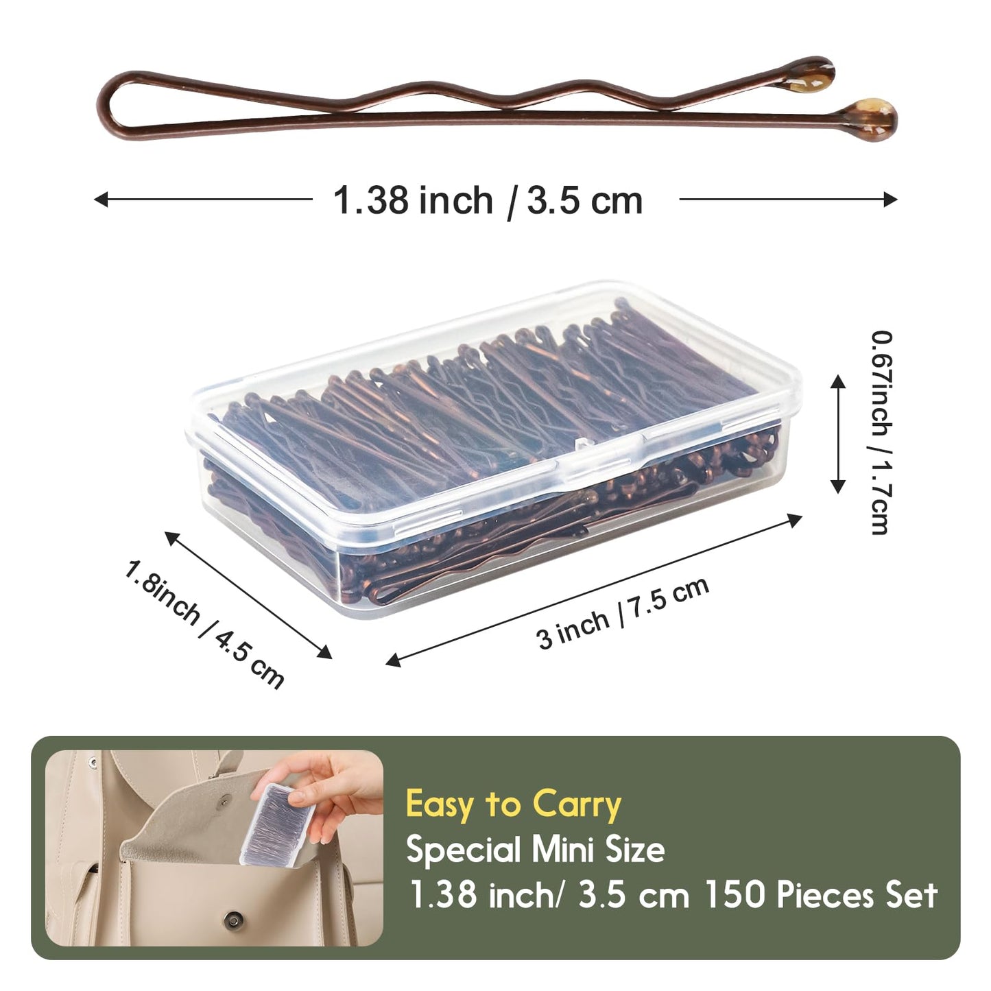 DySaLic Mini Bobby Pins, 150 Count 1.38 Inch Small Hair Bobby Pins with Storage Box for Kids, Girls and Women - Brown