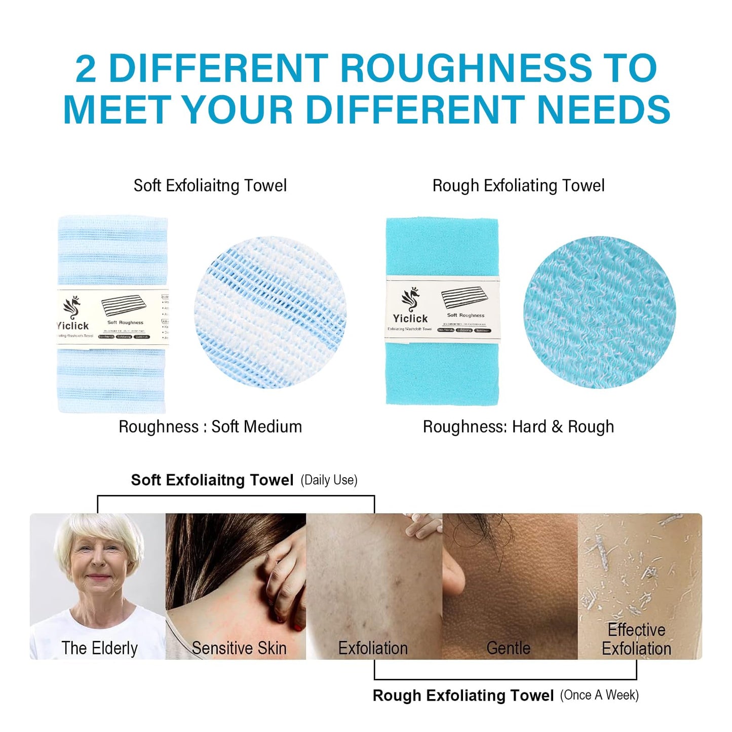 Yiclick 2 Pack Exfoliating Washcloth Towel - Exfoliating Body Scrubber Exfoliator, Loofah Sponge Wash Cloth, Korean & Japanse & African Net Sponge Rag - Back Scrubber Washer (Blue)